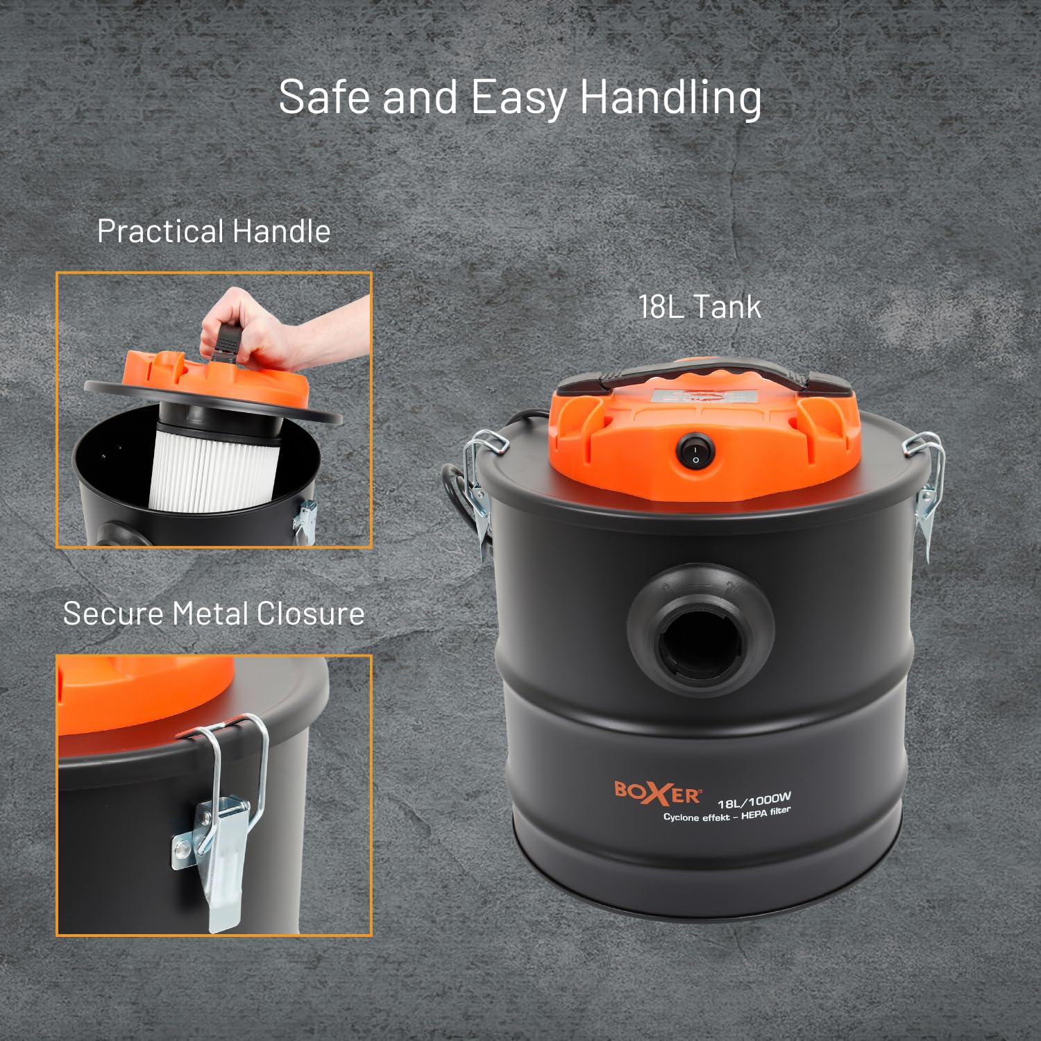 Boxer® Aspirador de Cenizas ciclónico con Motor y Filtro HEPA 18L | Potente succión 1000W | Ideal para chimeneas, Estufas y barbacoas | Tecnología ciclónica para filtración eficiente