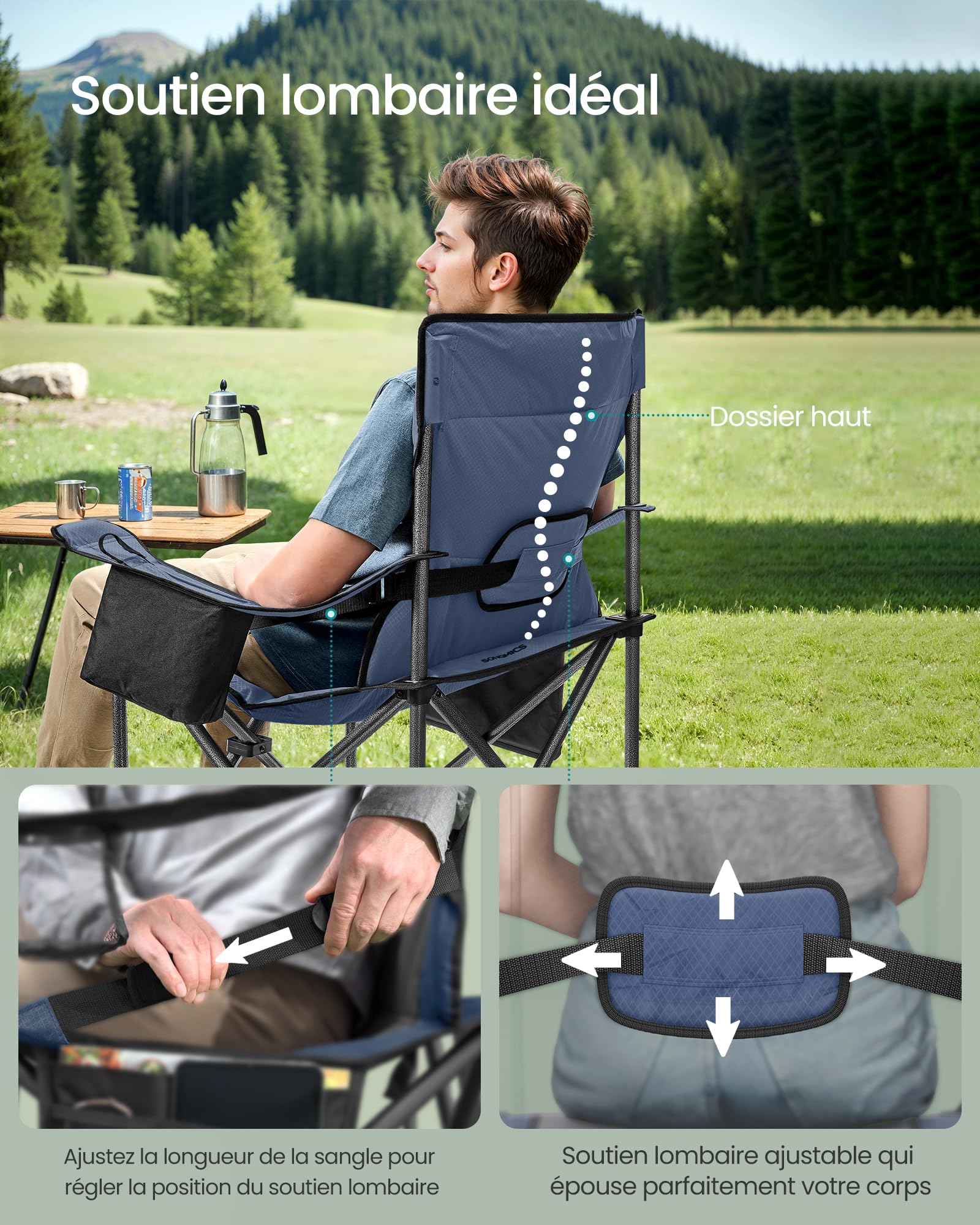 SONGMICS Chaise Pliante Camping, Siège Large Rembourée, Confortable, avec Soutien Lombaire et Compartiment Isotherme, Supporter Jusqu'à 205 kg, Bleu Baie GCB066Q01