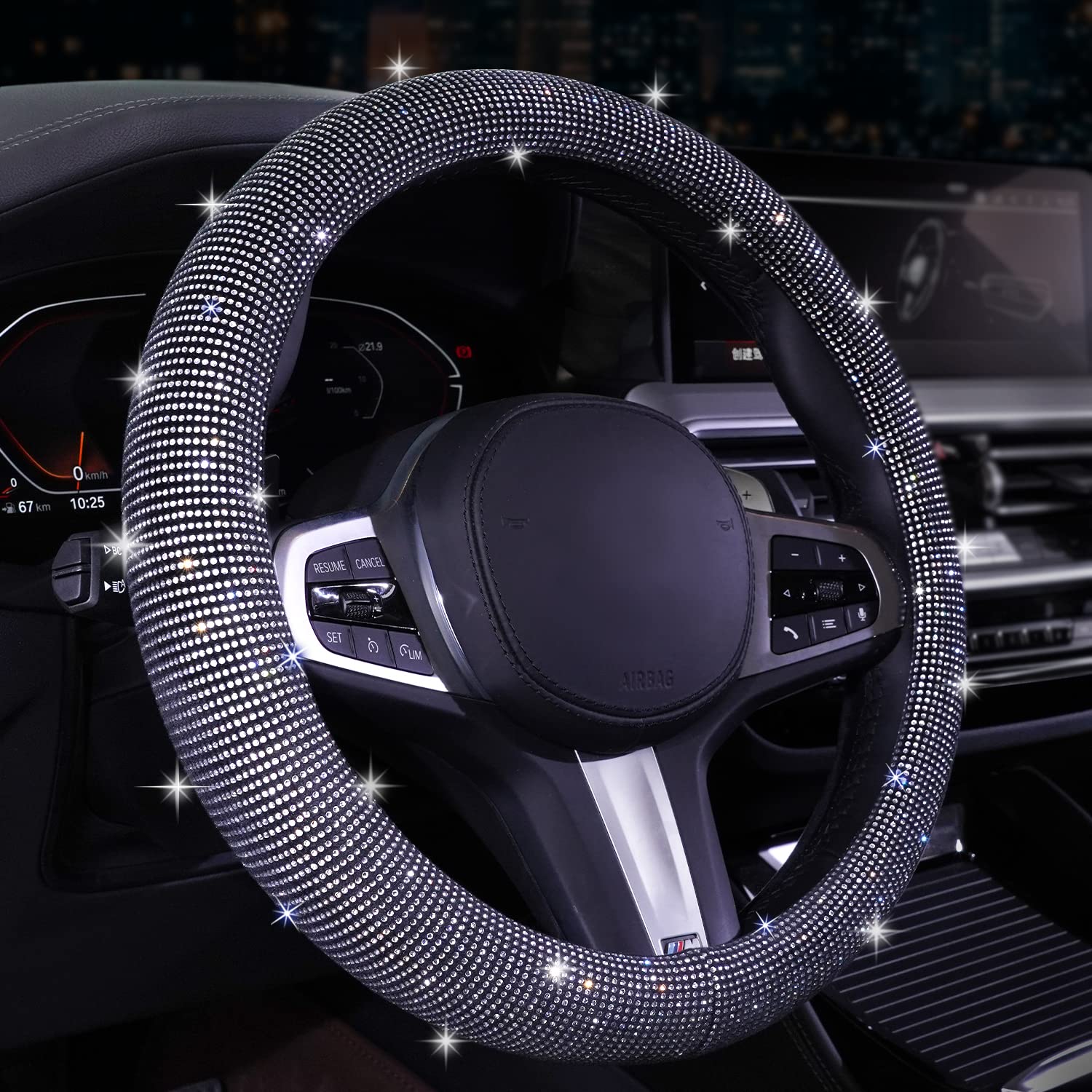 Photo 1 of Car Steering Wheel Cover for Women Men White Bling Rhinestones Car Wheel Covers Odorless Flannel Steering Wheel Protector Auto Interior Accessories for Trucks,SUV,Vans,Sedans,15 Inch White Standard Size: 14"1/2-15"