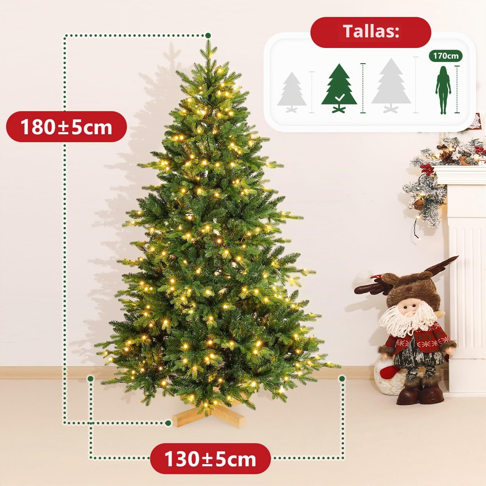 Yorbay Árbol de Navidad Artificial de Nordmann con iluminación LED de Abeto con Soporte de Madera para decoración navideña, de PE y PVC, Reutilizable (180 cm)