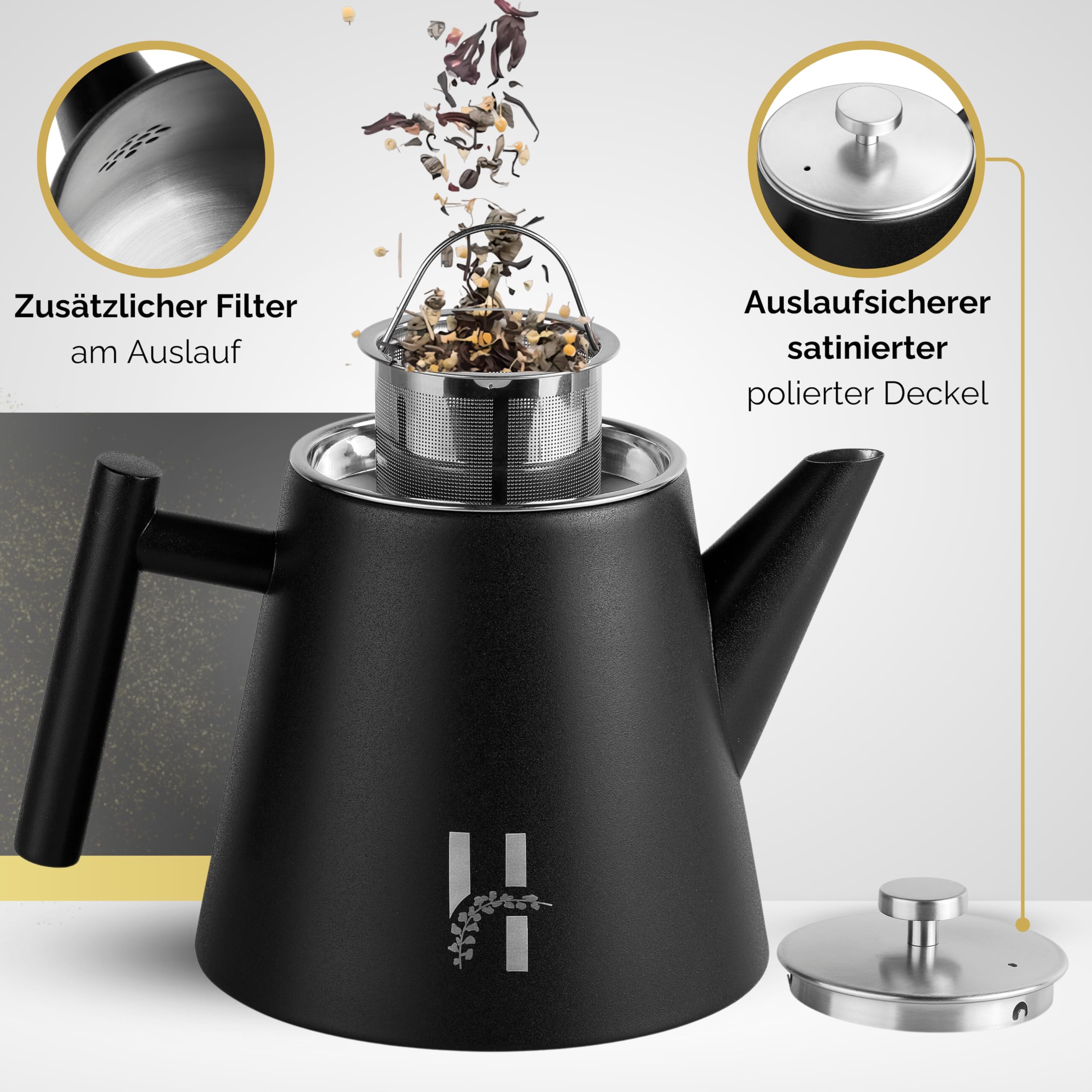 Hanamura Teekanne - Mit Filter - Doppelwandig - Schwarz - 1000ml