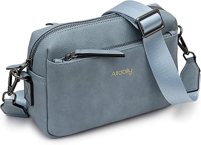 Alldaily Women Triple Zip Small Crossbody Bag, Leather Phone Purse with Wide Shoulder Strap (Blue)