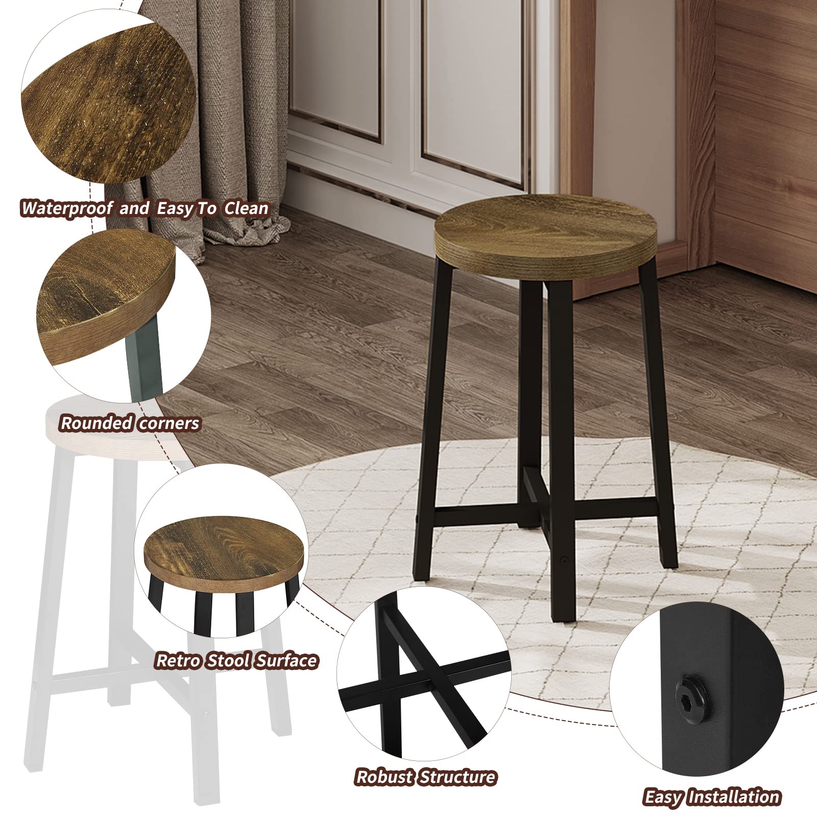 WOLTU Esszimmerstühle 2er Set, Küchenstuhl, Esszimmerhocker, Küchenhocker, Hocker mit Metallbeinen, im Industrial Design, Vintage-Holzmaserung Schwarz