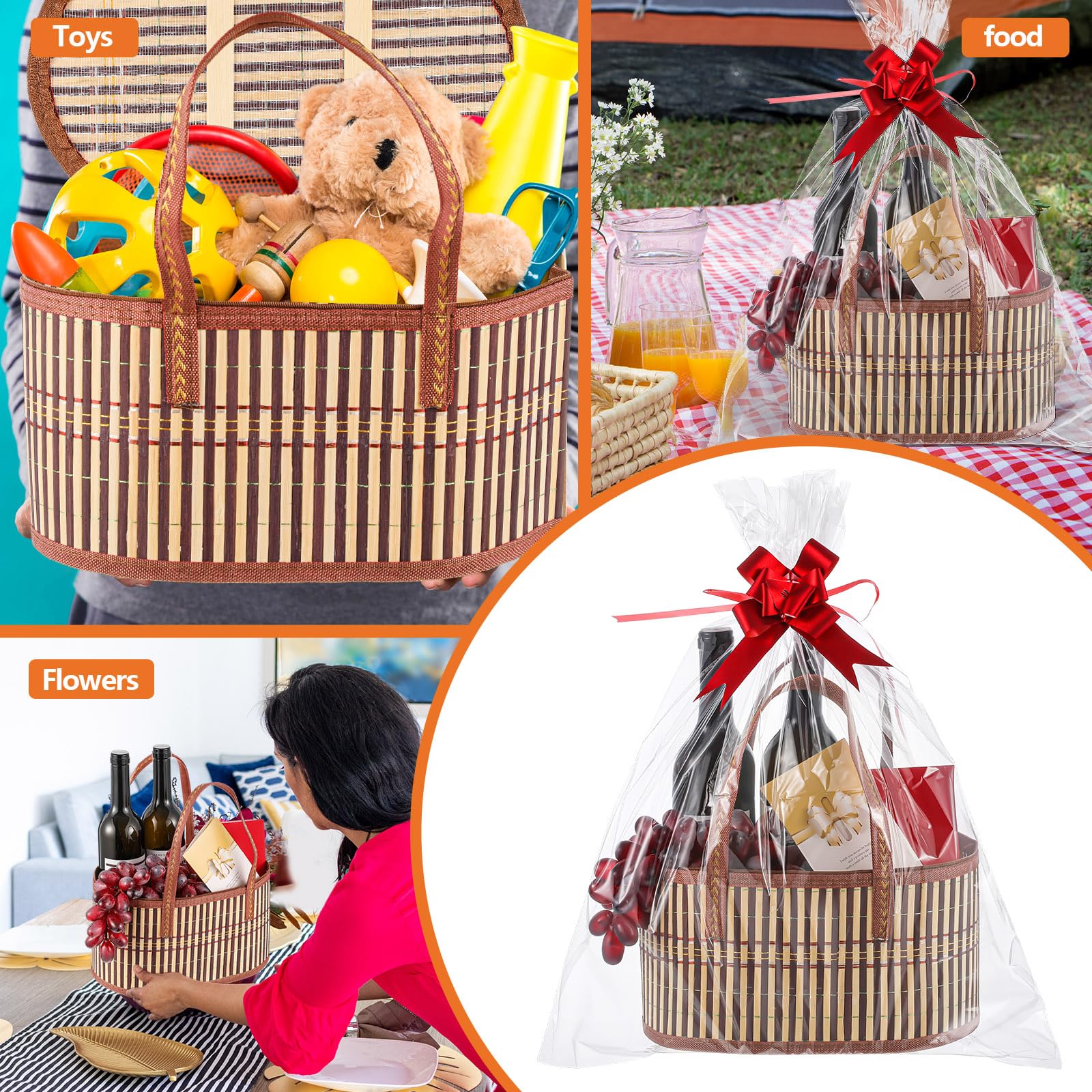 Tioncy Set di 6 cestini per regali vuoti grandi in bambù intrecciato con manici, cesti in cellophane trasparente per baby shower, regali di compleanno, 6 sacchetti trasparenti, 6 biglietti regalo