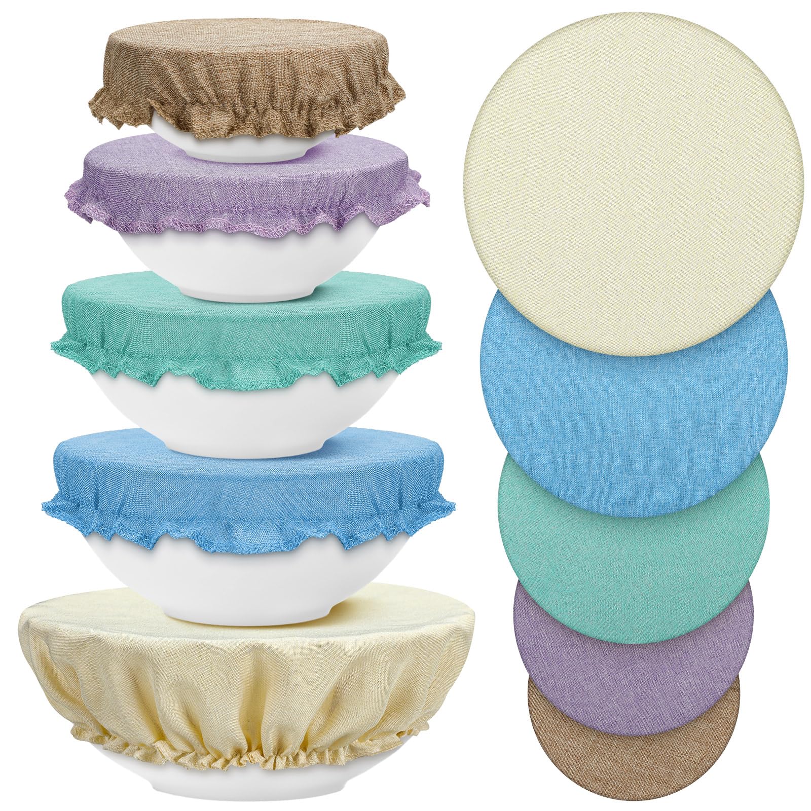 Confezione da 10 coperture per ciotole in tessuto per la lievitazione del pane, riutilizzabili, in 5 dimensioni, elasticizzate, in cotone, riutilizzabili, per alimenti, frutta, avanzi (ventage)