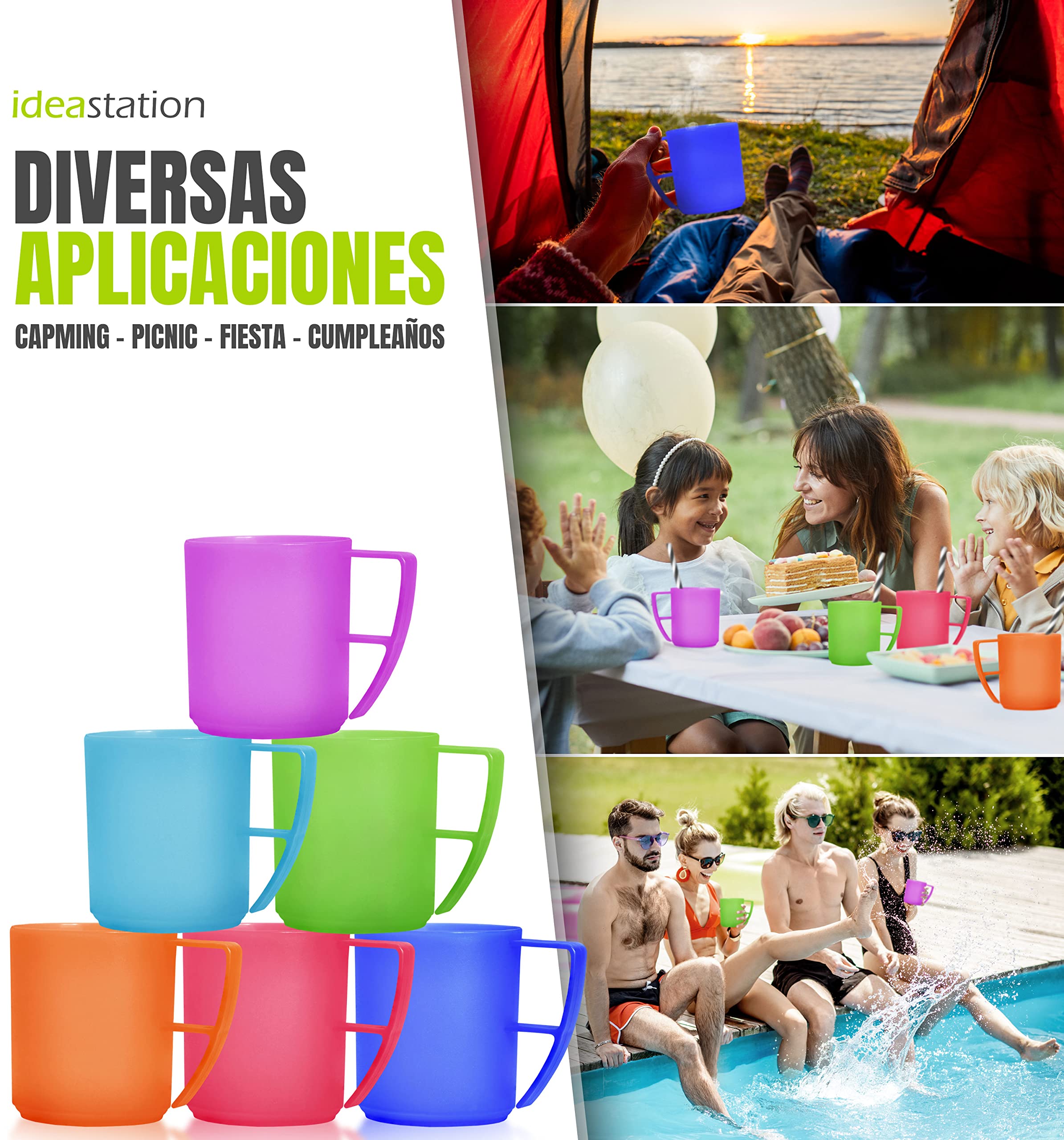 NEO Juego de 6 tazas de plástico para camping, 6x 350 ml - COLORES - taza de café o té irrompibles - tazas de plástico con asas ideales para llevar, vajilla camping
