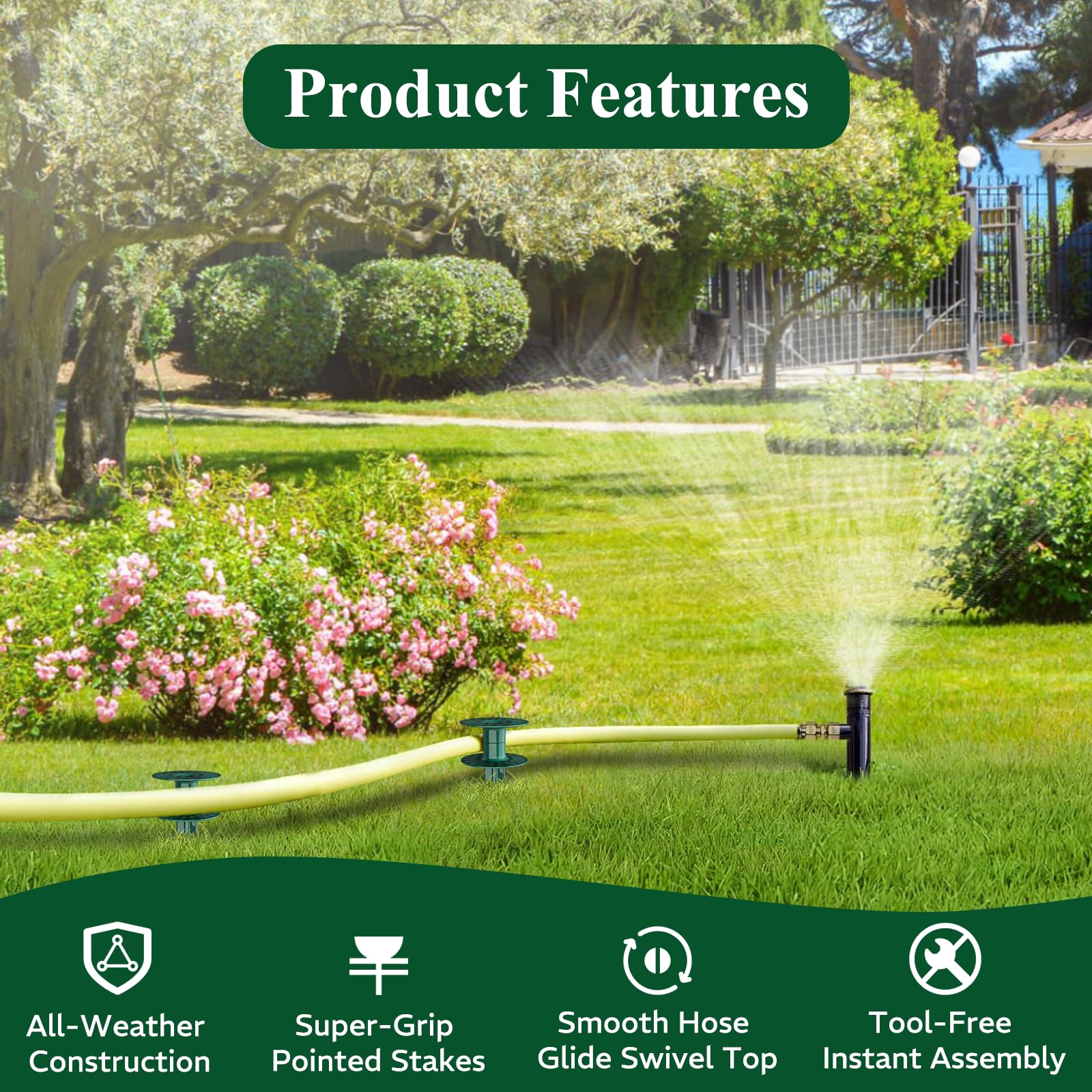 Estaca guía de manguera de jardín de 10 pulgadas, estaca de metal resistente de zinc sin óxido, parte superior giratoria verde oscuro, mantiene la manguera de jardín fuera de los macizos de
