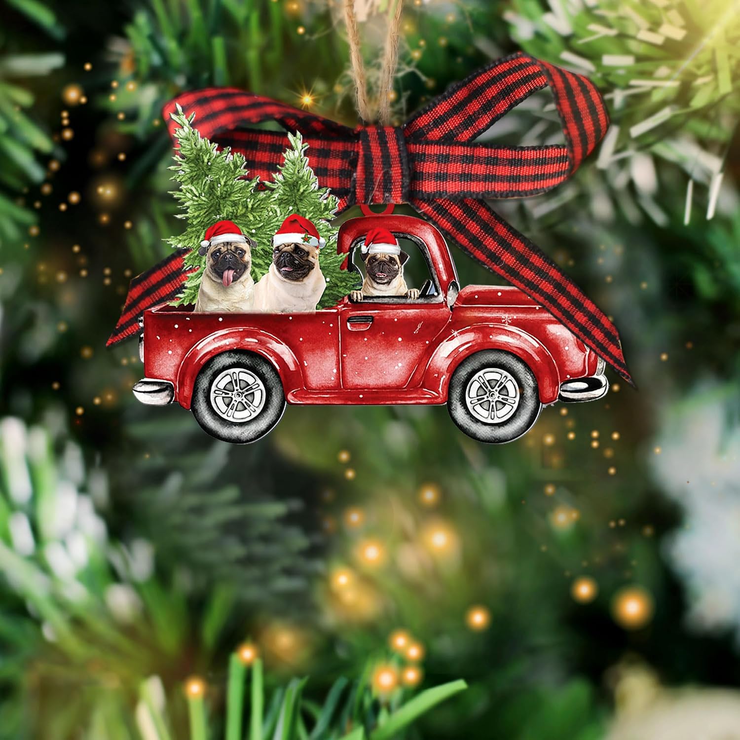 Talataca Pug 2D Flat Wooden Christmas Ornament, Pug Dog Wearing A Christmas Hat Wreath Pine Tree Decor, Hanging House Charm Eve Keepsake, Wood Car Mirror Accessories, Xmas Gift image 5