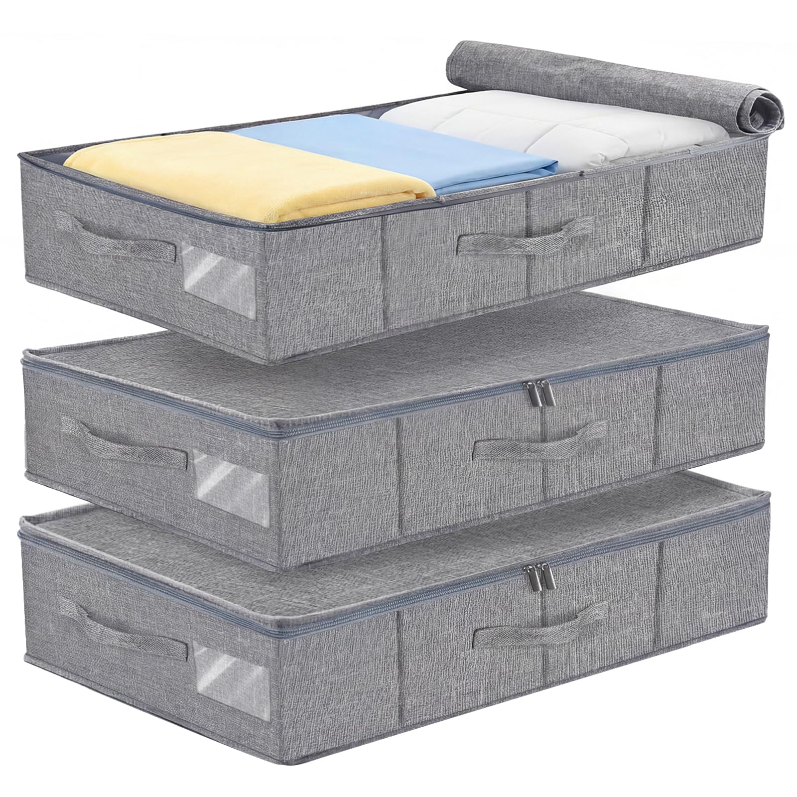 Set di 3 contenitori sotto il letto, altezza 17 cm, con coperta in lino, 3 maniglie + doppia cerniera, contenitore per biancheria da letto e vestiti stagionali