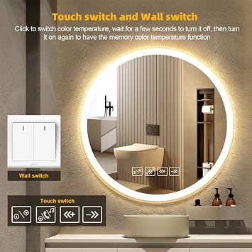 60×60cm Bluetooth Round Bathroom Mirror with Led Lights and Four Touch Switch, Illuminated Wall Mounted Vanity, Anti-fog, 3 Colors Dimmable Light, Demister Mirror with Backlit Lights for Bathroom