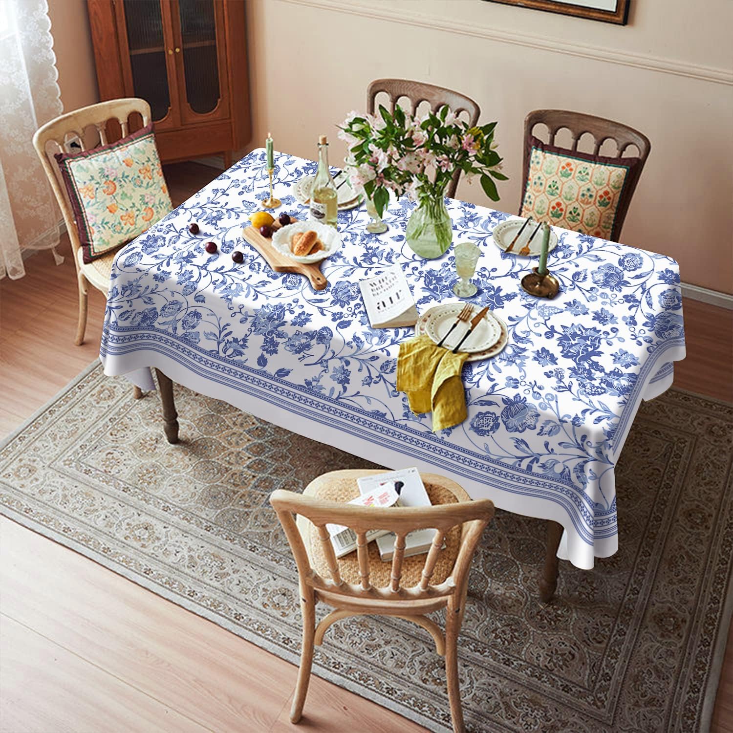 Rectangle Tablecloth - 60 x 84 Inch Blue Floral Rustic Tablecloth Classic French Country Printed Table Cover for Farmhouse Decoration, Suitable for Home, Kitchen Dining - Image 5