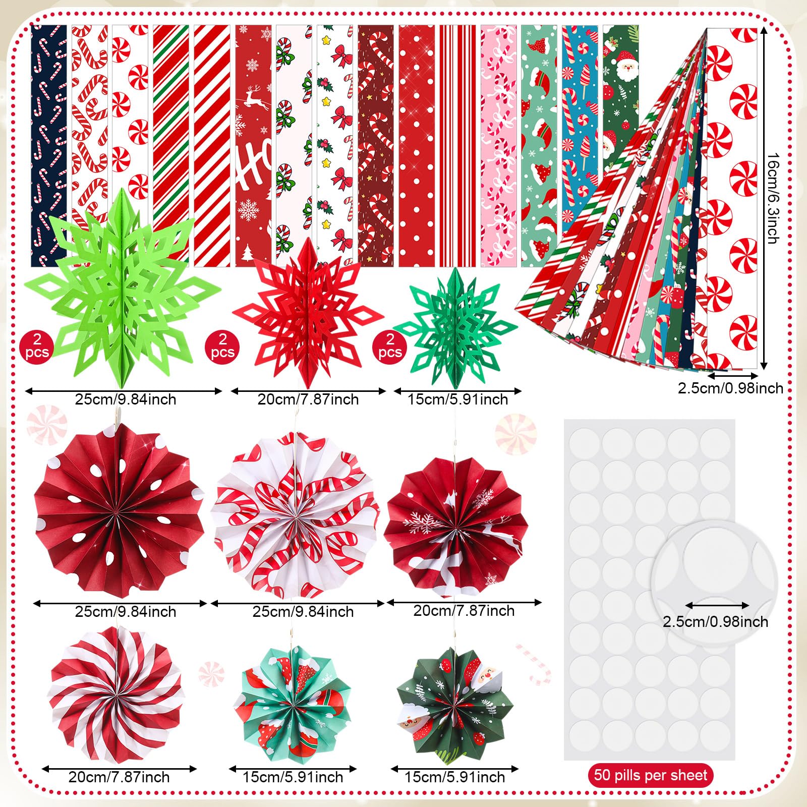 Yexiya 612 Stück Weihnachtsfeier-Dekorationen, einschließlich 600 Blatt Zuckerstangen, Papierkettenstreifen mit 6 Stück 3D-Papier-Schneeflocke, 6 Fächer, festliches Bastelzubehör für Weihnachten