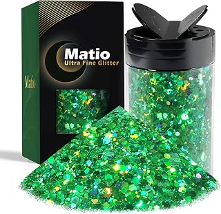Matio Holographic Chunky Glitter,7.8oz/220g Royal Green Craft Glitter for Resin Chunky Nail Flake Sequin Mixed Fine Glitter Powder Bulk Holographic Glitter for Nail Art Tumbler Cosmetic Festival Decor