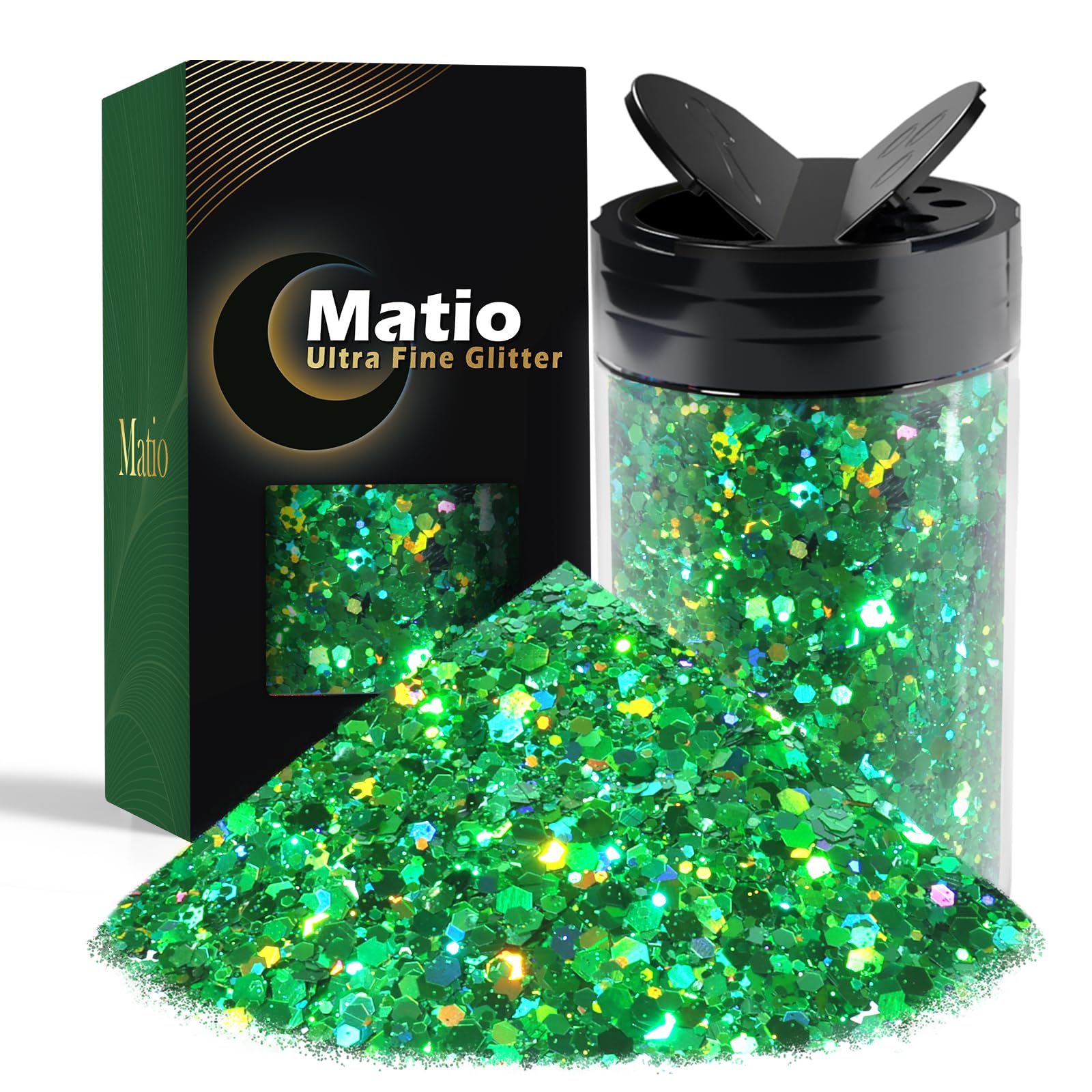 Matio Holographic Chunky Glitter,7.8oz/220g Royal Green Craft Glitter for Resin Chunky Nail Flake Sequin Mixed Fine Glitter Powder Bulk Holographic