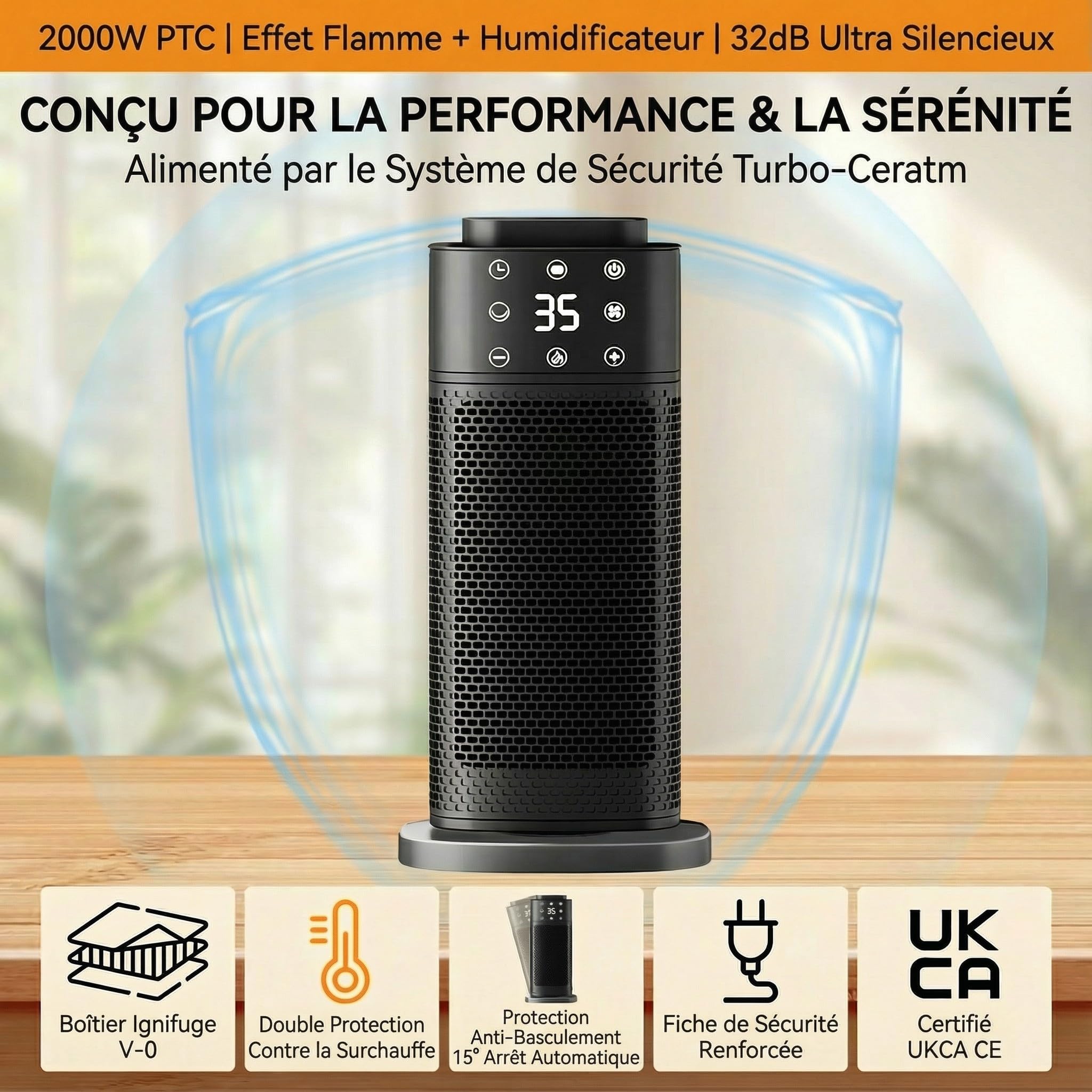 Chauffage d'appoint,radiateur electrique,2000W, Basse Consommation et Silencieux, avec Humidificateur & Minuterie