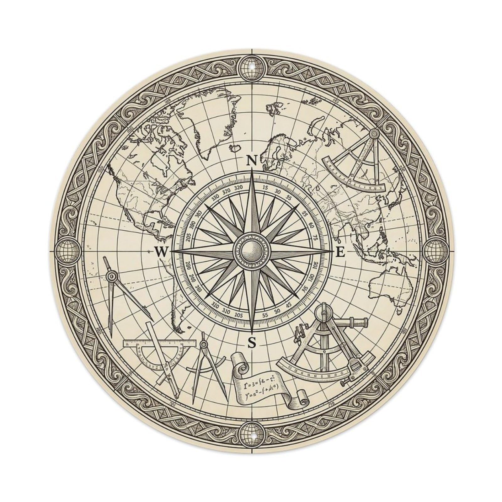 Vintage Nautical Compass World Map Latitude Longitude Metal Tin Sign