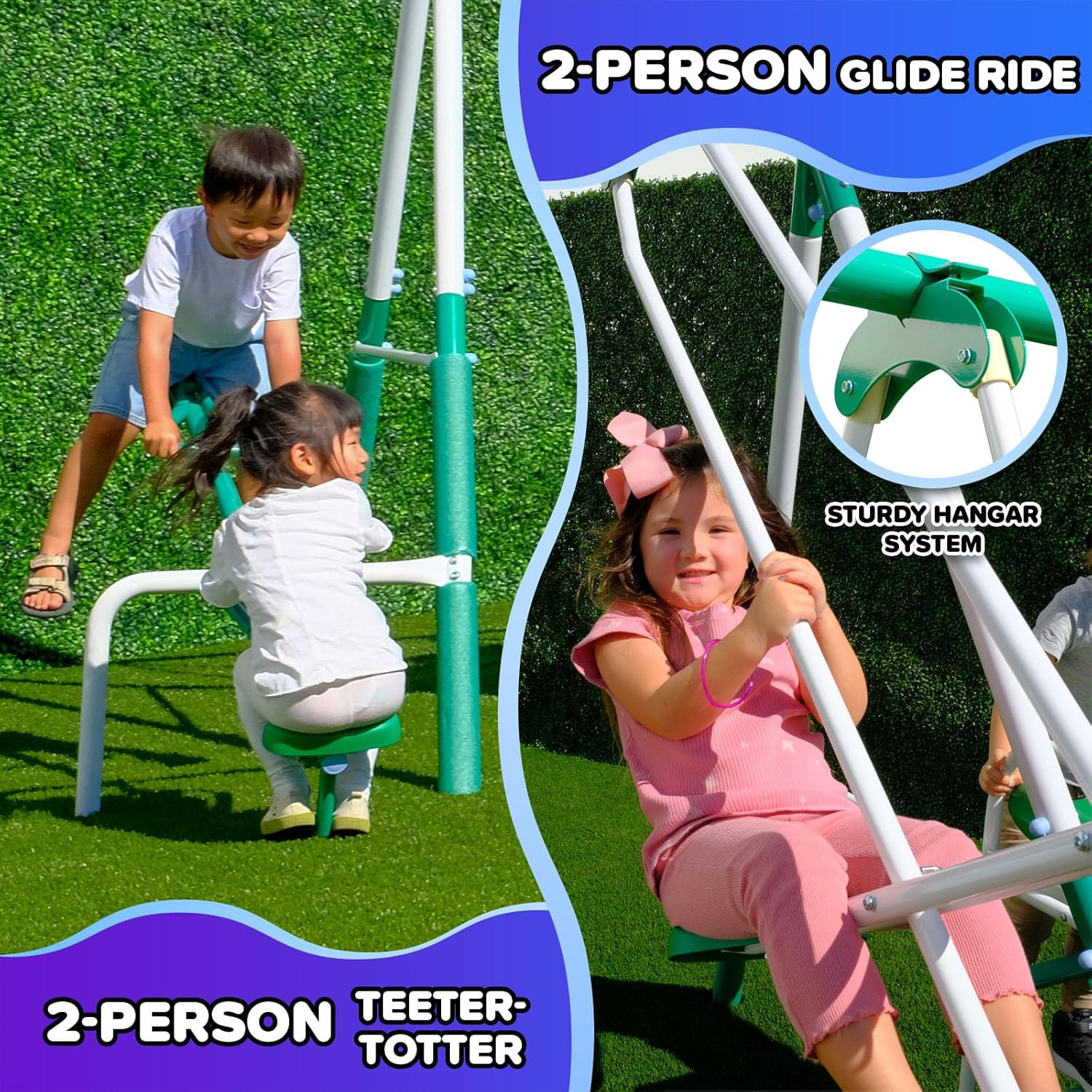 Sportspower Bayside 7-in-1 Outdoor Backyard Metal Swing Set for Kids, 1000 lb Capacity, Teeter-Totter, Swing, Saucer, Standing Swing, Trapeze, Glide Ride & 5 ft Slide, 17.4' L x 7.6' W x 6' H