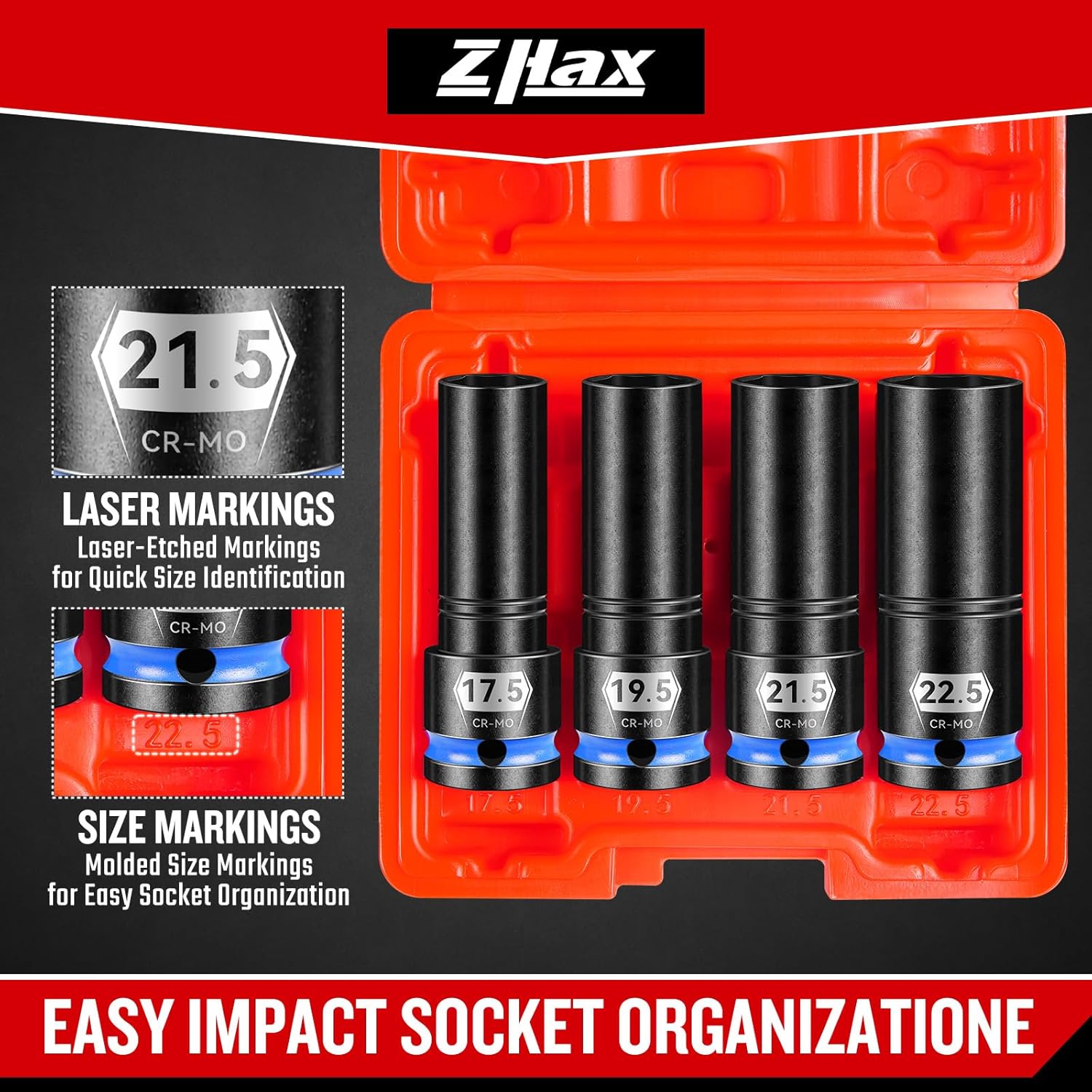 1/2" Drive Thin Wall Lug Nut Socket Set, 4 PCS Half Size Metric Impact Wheel Socket,17.5mm, 19.5mm, 21.5mm, and 22.5mm, Cr-Mo Steel with Storage Case