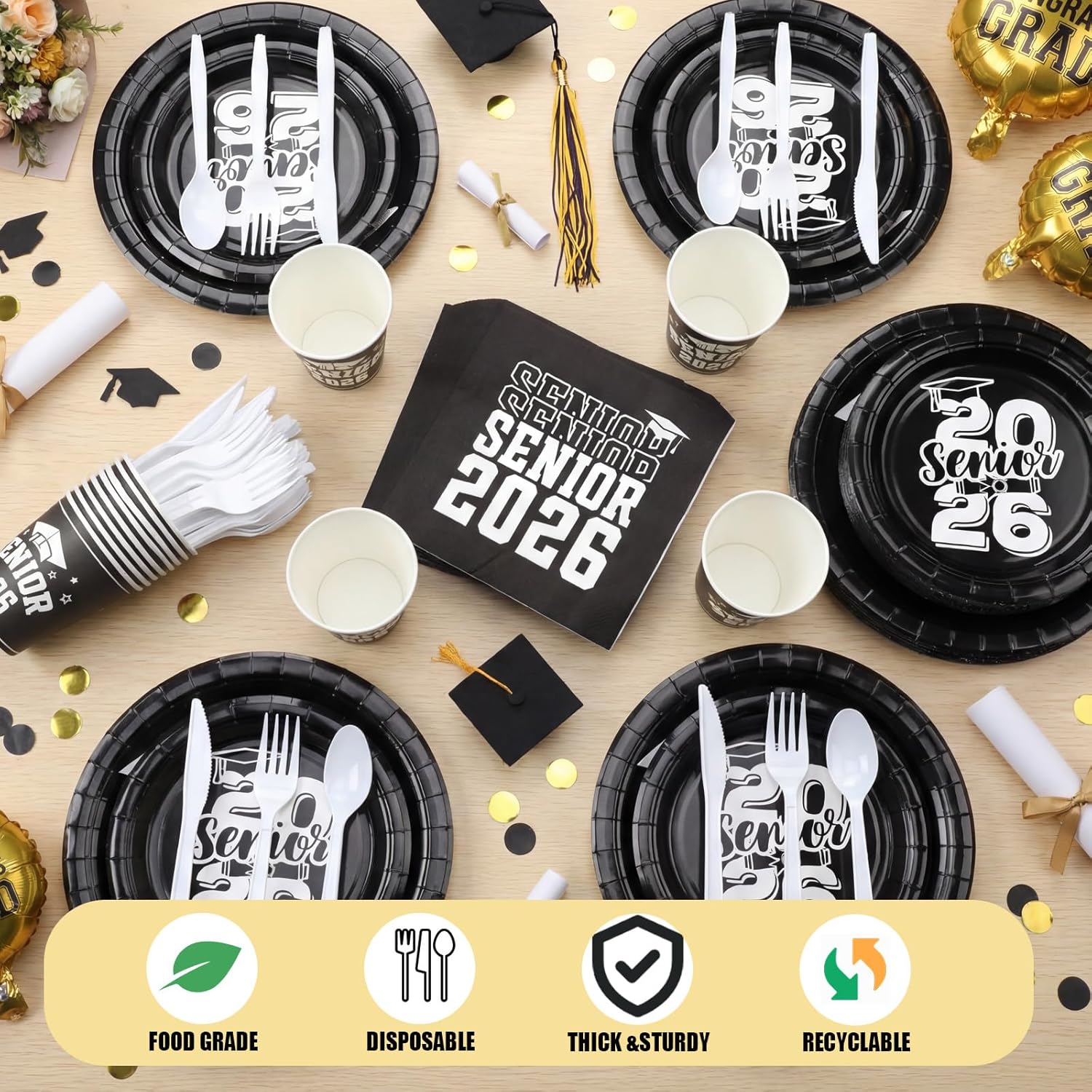 Yungyan 252 Pcs Senior 2026 Graduation Party Tableware Set Black and White Class of 2026 Grad Paper Plates Napkins Cups Forks Knives Cutlery for Graduate Party Decorations Supplies