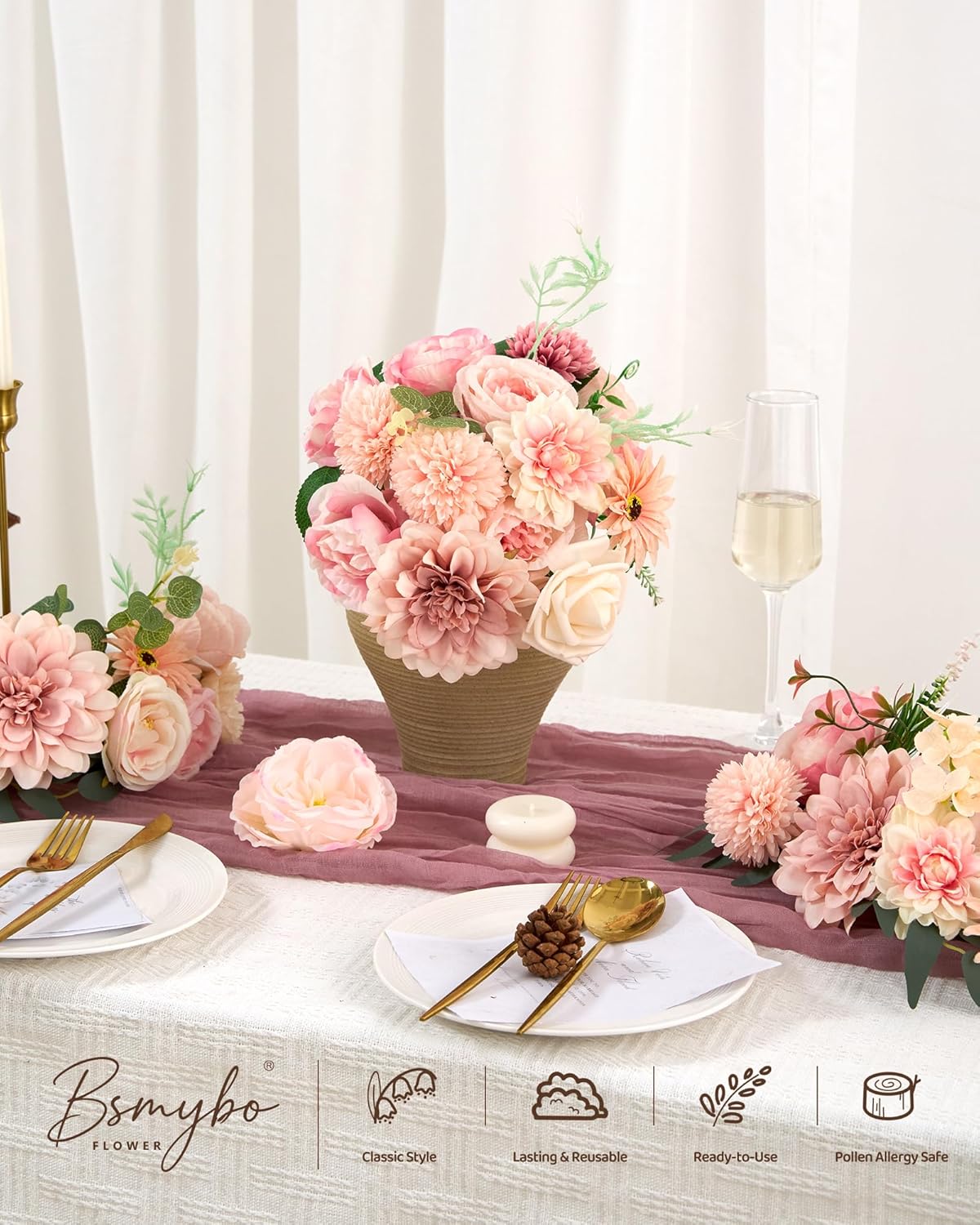 Roses Artificial Flowers Combo Pink Flower Bouquets Box with Stems for DIY Bridal Wedding Bouquets, Baby Shower Decorations Fake Floral Arrangements Table Centerpieces Home Decor Indoor - Image 6