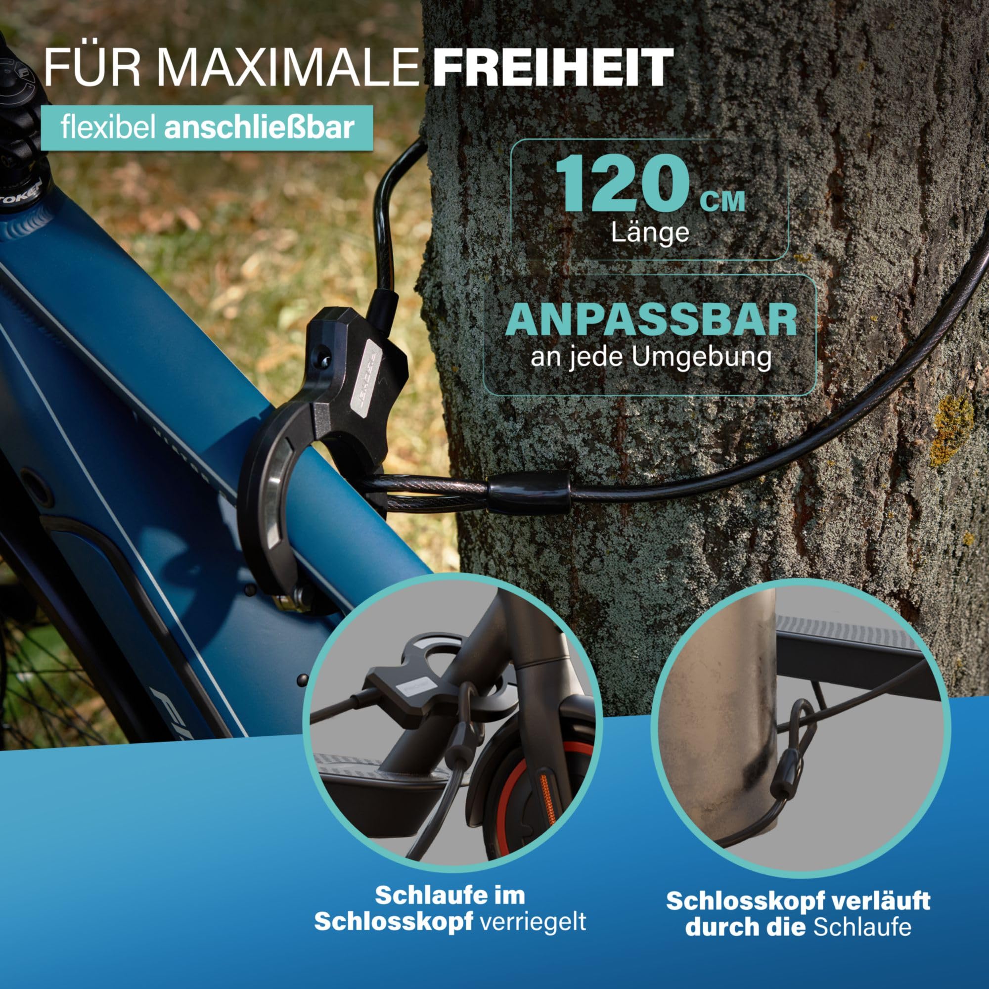 FISCHER Lucchetto a spirale per bicicletta, 120 cm, nero, con supporto, lucchetto con morsetto, per bicicletta elettrica, scooter elettrico