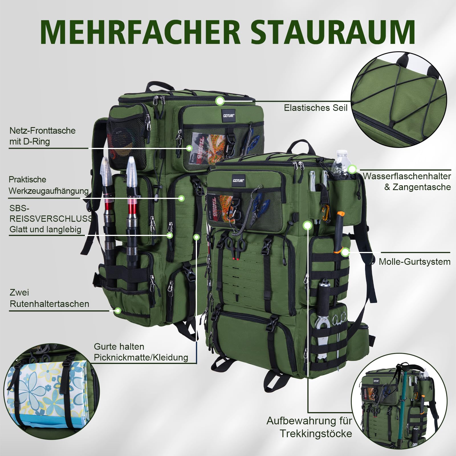 Goture Zaino da pesca da 72 l, con borsa termica (16 l), scomparto asciutto e bagnato, scomparti regolabili, borsa impermeabile per attrezzi da pesca, campeggio, escursionismo, Verde Militar, Zaino