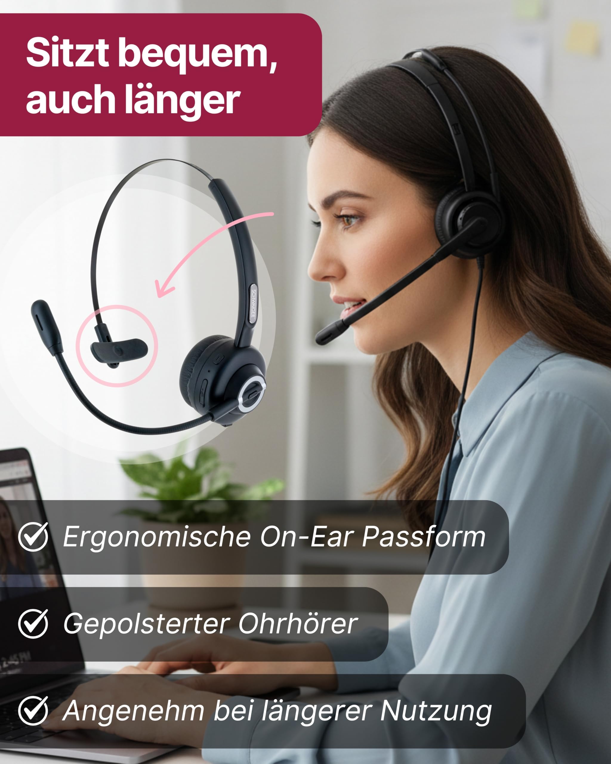 SCHWAIGER One-Ear Mono Headset I Bluetooth Kopfhörer mit Mikrofon & Ladestation I kabelloses Headset mit 17 h Akkulaufzeit I ergonomisch & gepolstert I für PC & Büro I mit verstellbarem Mikrofonarm