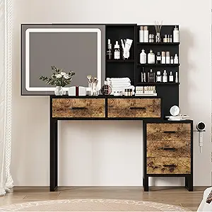 Garvee 46.8'' Vanity Desk with Mirror, LED Lights and Power Outlet, Makeup Vanity Table with 5 Drawers and 3 Storage Shelves, Dressing Table with Gold Handle for Bedroom, Dressing Room (White)