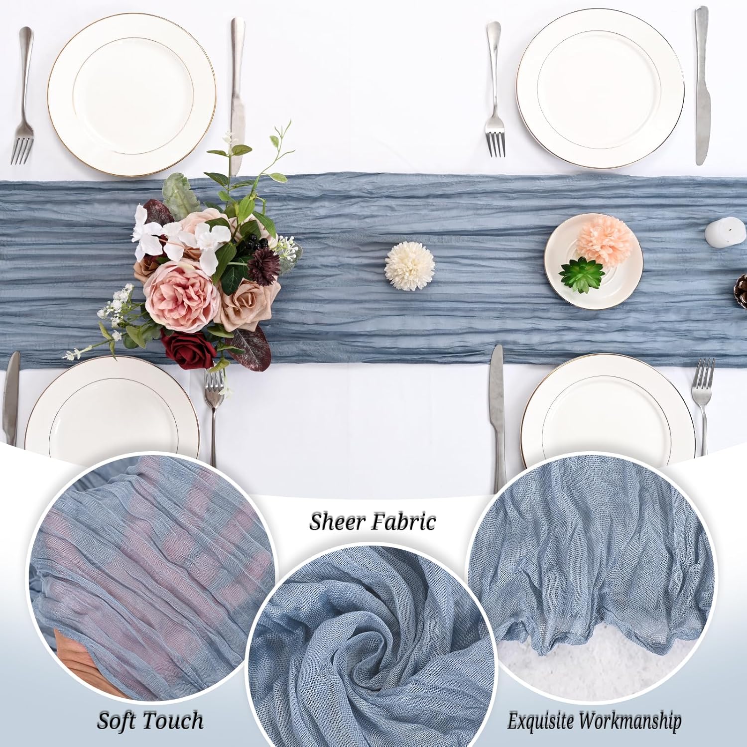 12 Pack Dusty Blue Cheesecloth Table Runner 120 inch Fall Thanksgiving Boho Rustic Gauze Farmhouse 10FT Cheese Cloth Runner for Baby Shower Wedding Party Holiday Home Decor