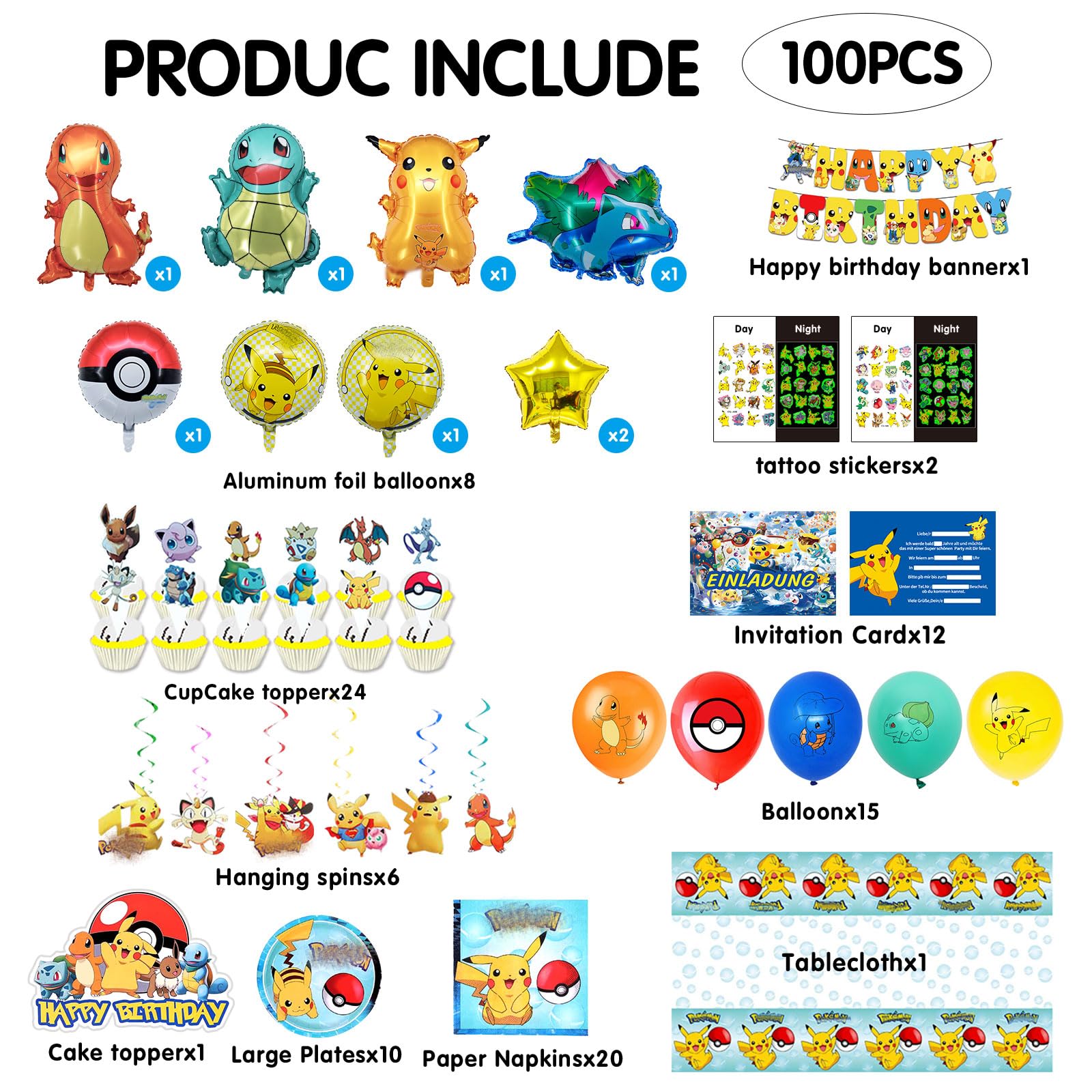 100 Service de vaisselle pour fête d'anniversaire d'enfants, Inclure bannière, Nappe, Tatouages ​​temporaires, Ballons, Assiette carton, Serviette papier, Carte d'invitation, Décoration de gâteaux