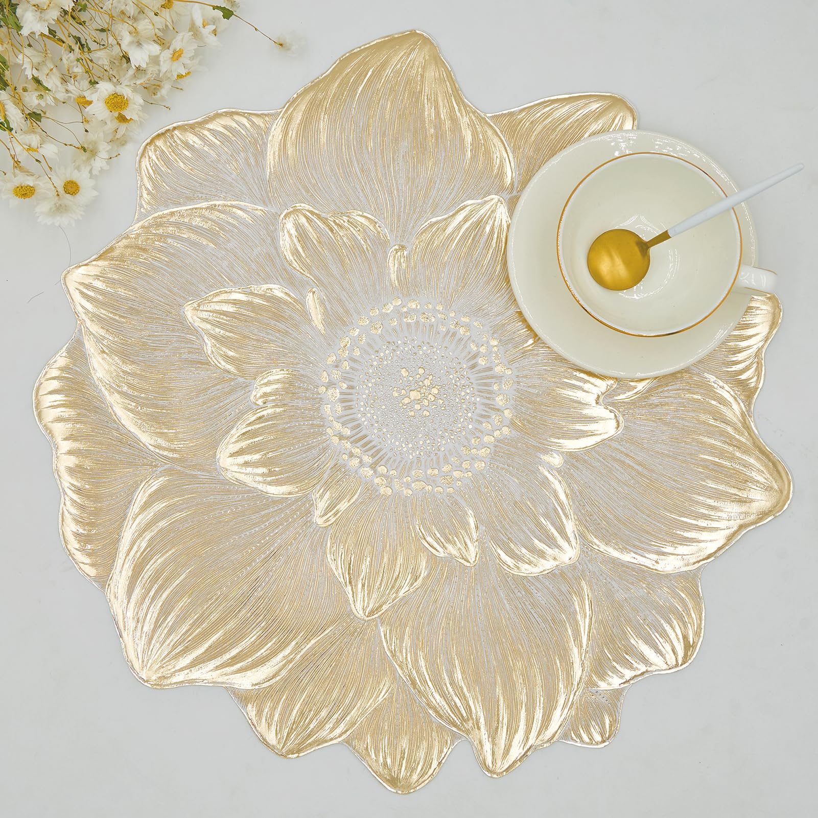 Gold Placemats Set of 6, Creative 3D Flower Placemats Waterproof & Oil-Proof - Metallic Pressed Vinyl Round Place Mats Fancy Decorative Table Mats for