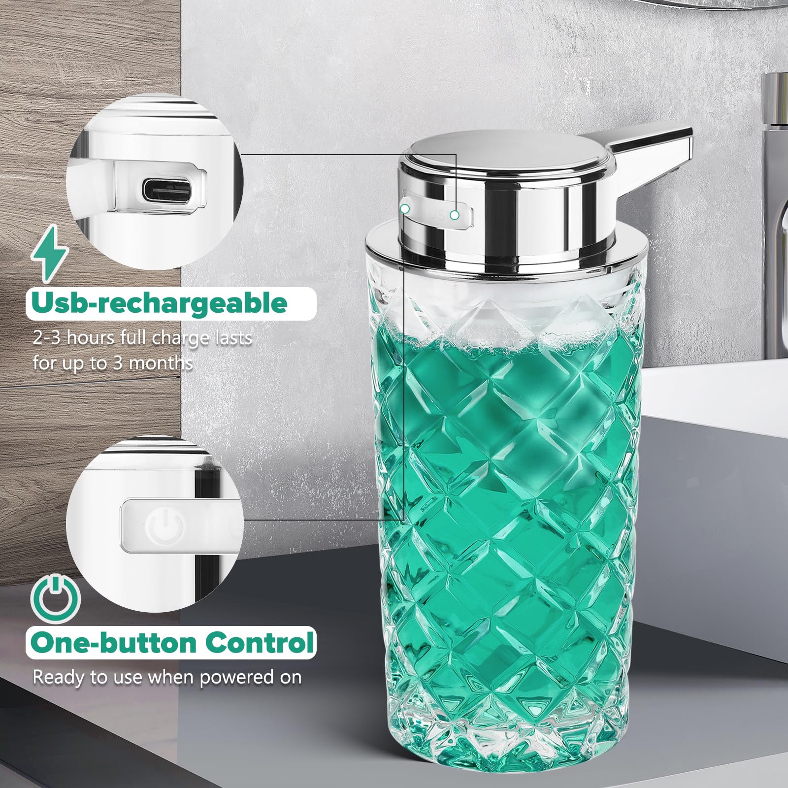 Dispensador automático de jabón de espuma para cocina: dispensador de jabón de espuma automático transparente de vidrio de 11 onzas para baño, loción para platos de mano, encimera de hogar, niños