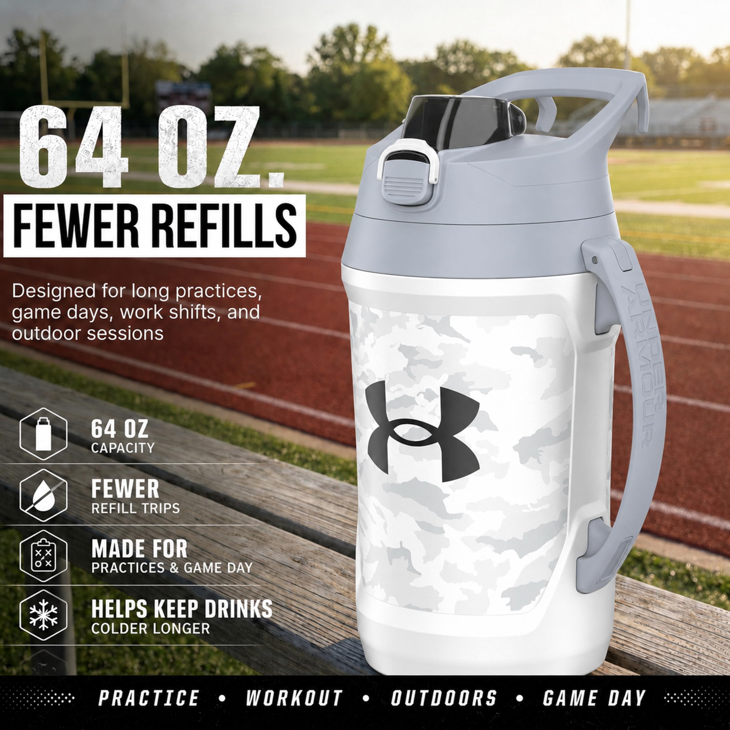 Under Armour Jarra de agua deportiva, botella de agua aislada de 64 onzas con asa, medio galón, gancho de cerca, resistente a fugas, béisbol, fútbol y más | con asa