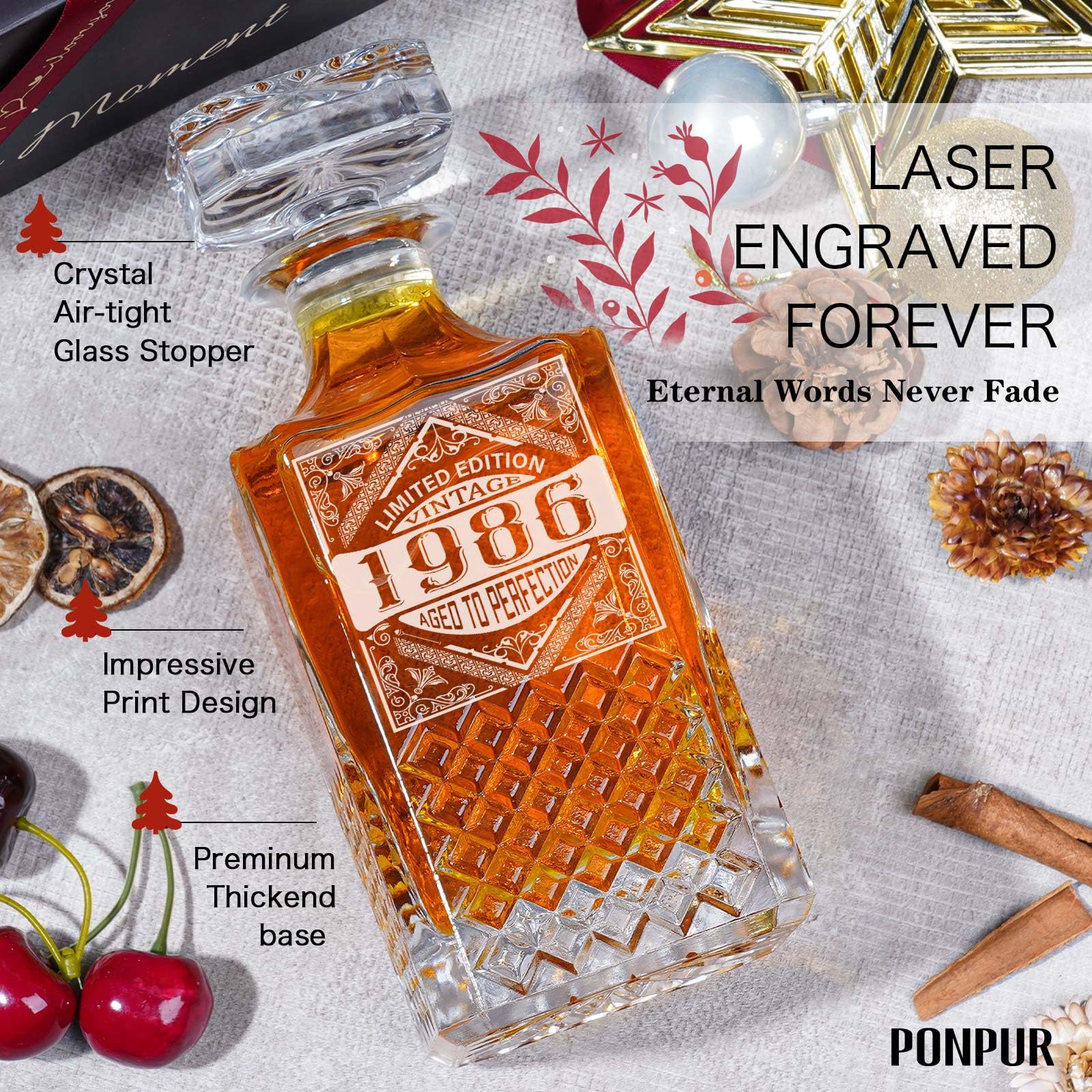 PONPUR 40th Birthday Gifts For Men Dad, 1986 Laser Whiskey Decanter Set with Gift Box, Anniversary Birthday Gift Ideas for Him Husband, 40 Years Bday Decorations, Whiskey Glasses & Whisky Stones Inc