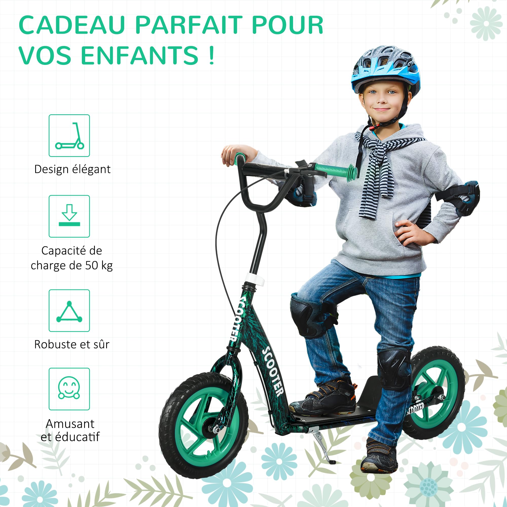 AIYAPLAY Trottinette Enfant 6-12 Ans Grandes Roues 30 cm Hauteur Réglable Frein Arrière Béquille