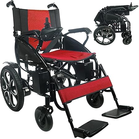 Portable Electric Wheelchair for Adults, Foldable Dual Motorized Power Wheelchairs, All Terrain Folding Wheel Chair, Comfortable Lightweight Travel Wheelchair (Red)