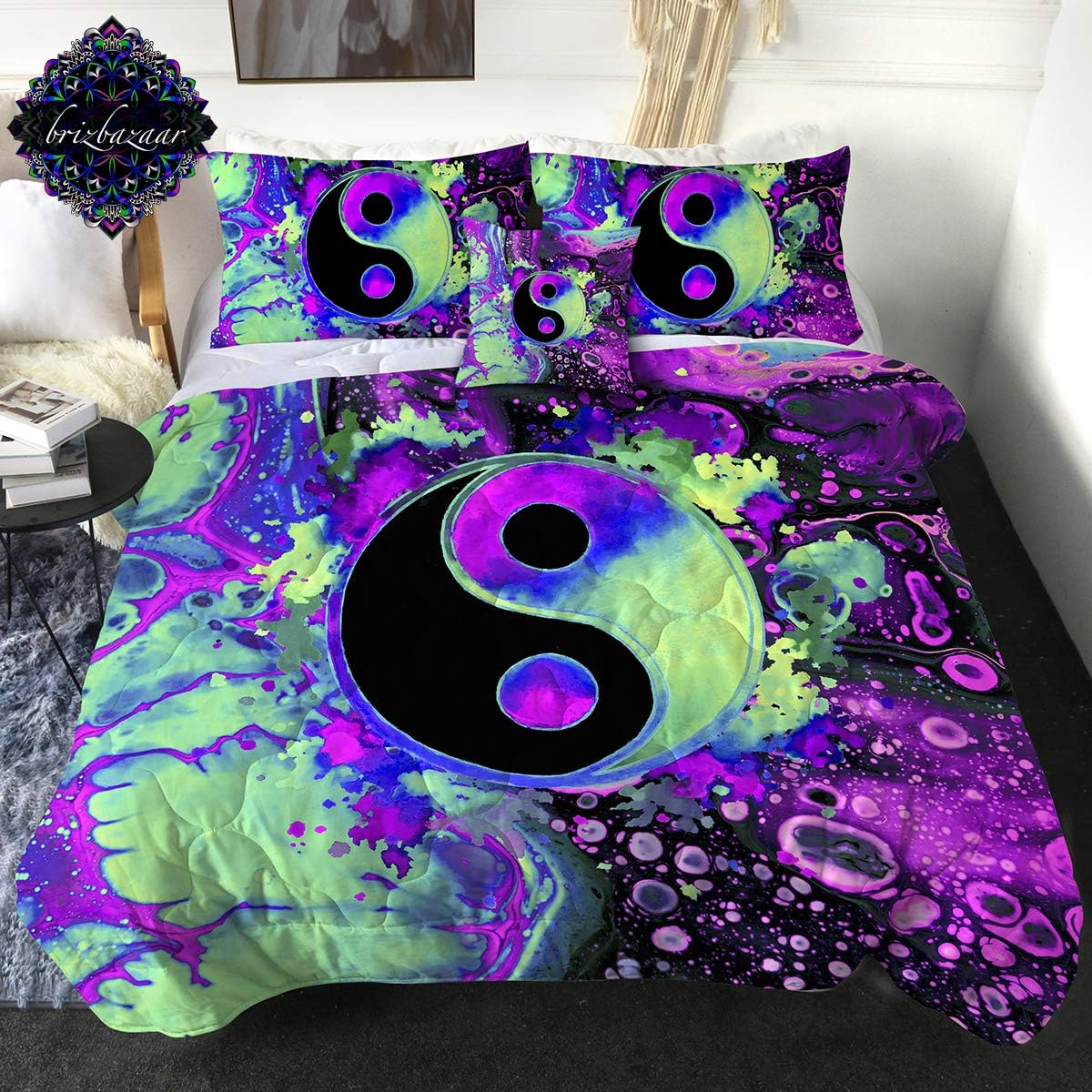 Sleepwish Boho Queen Comforter Set Colorful Yin Yang Bedding Comforter 4 Pieces Trippy Psychedelic Art Splash Bubbles Bed Set with 2 Pillow Cases 1 Cushion Cover Purple Pink Turquoise