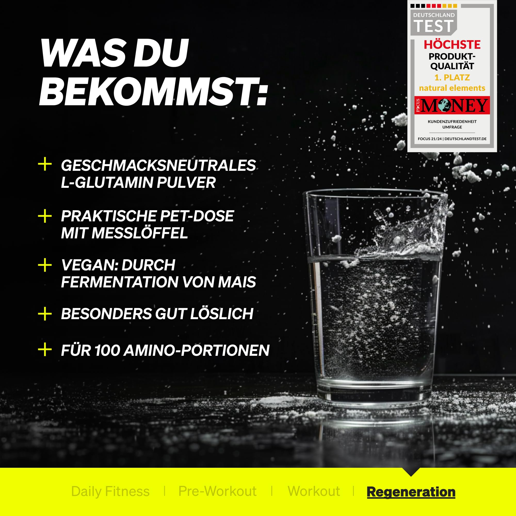 natural elements L-Glutamin Pulver – 500g – reines L-Glutamin – geschmacksneutral – vegan, hochdosiert, ohne Zusätze – in Deutschland entwickelt