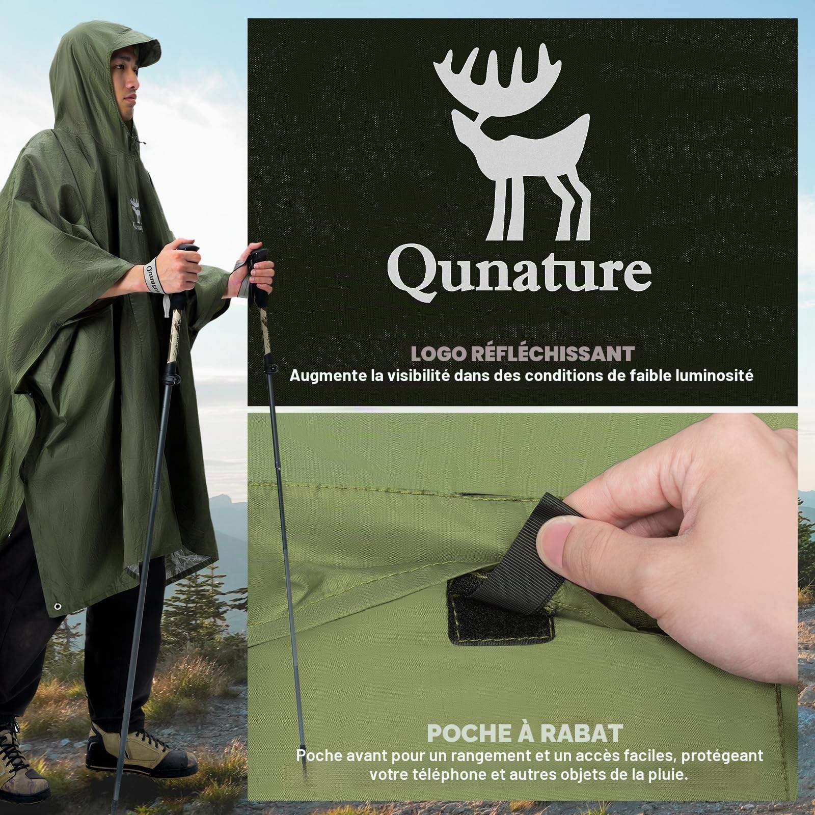 Poncho de Pluie 3 en 1 Léger Imperméable avec Capuche – Couverture Sac à Dos Multifonction Portable pour Homme et Femme Vélo Randonnée Camping Extérieur