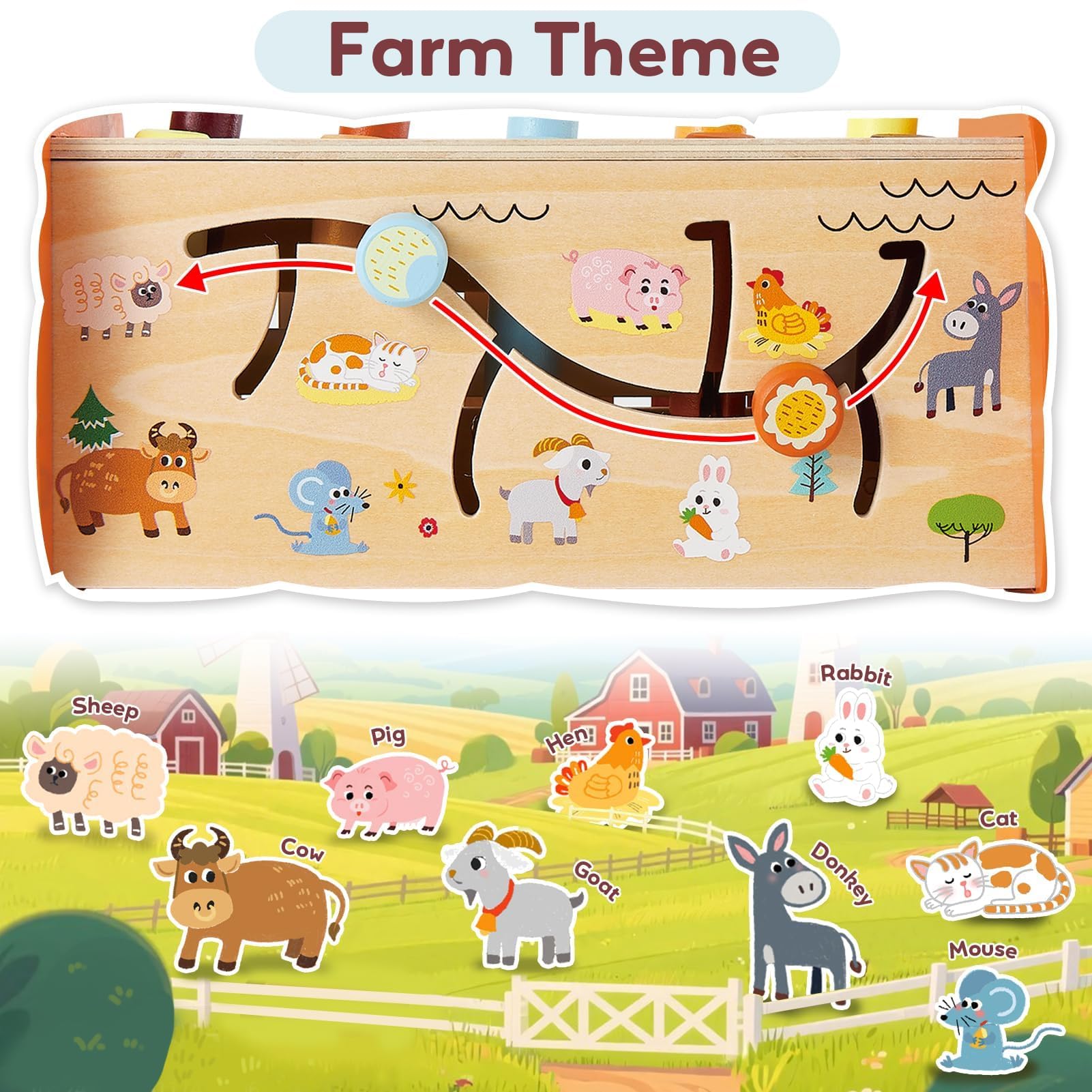 HYAKIDS Montessori Jouets en Bois, 6 en 1 Enfants Banc à Marteler, Jeu Marteau Pêche, Xylophone, Jouet Educatif Précoce pour 18+ Mois Garçons Filles