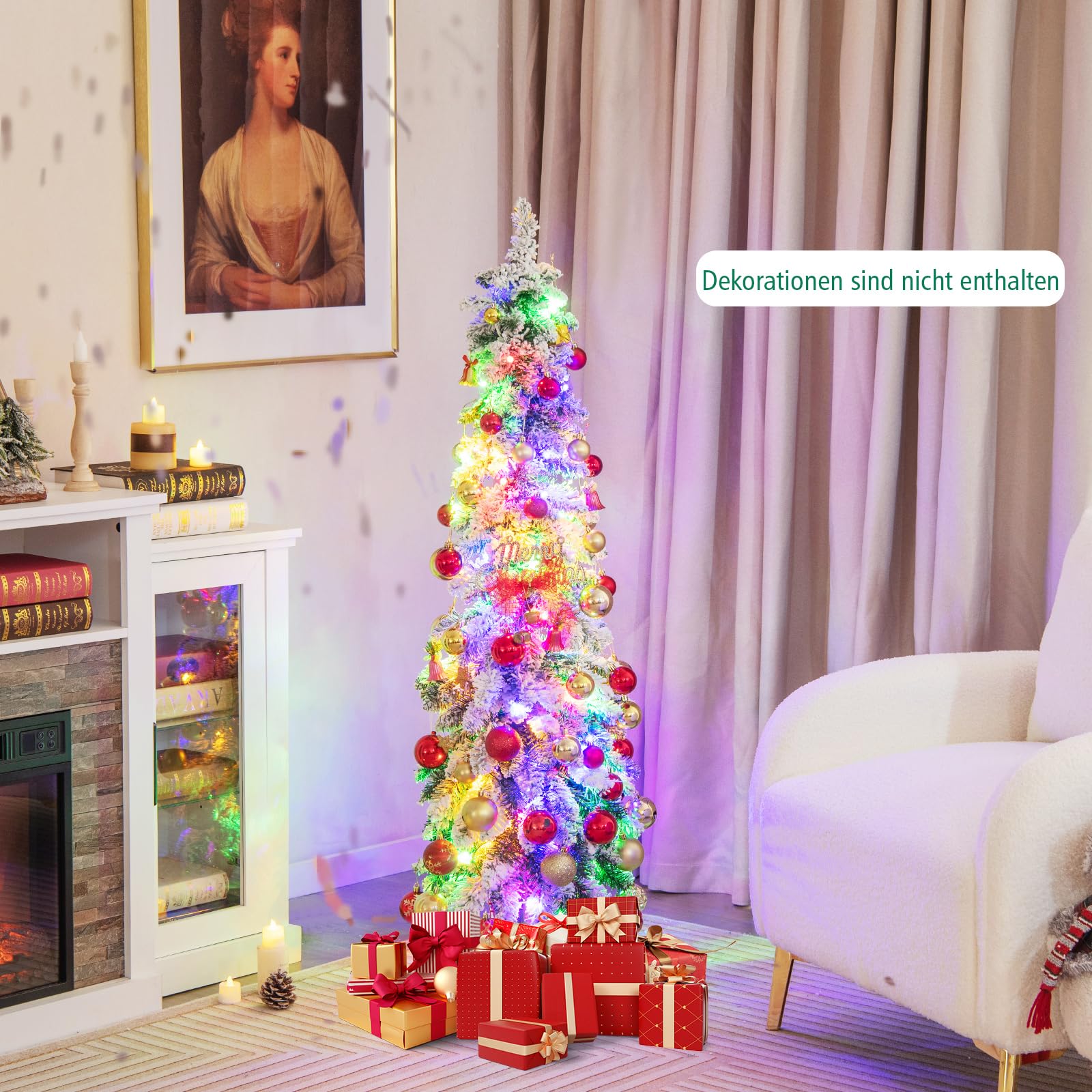 COSTWAY 120cm Bleistift Weihnachtsbaum mit Schnee, LEDs in warmweiß und bunt | 11 Lichtmodi | Timer, künstlicher Tannenbaum mit Beleuchtung & Metallständer, Christbaum Kunstbaum Weihnachten, Weiß