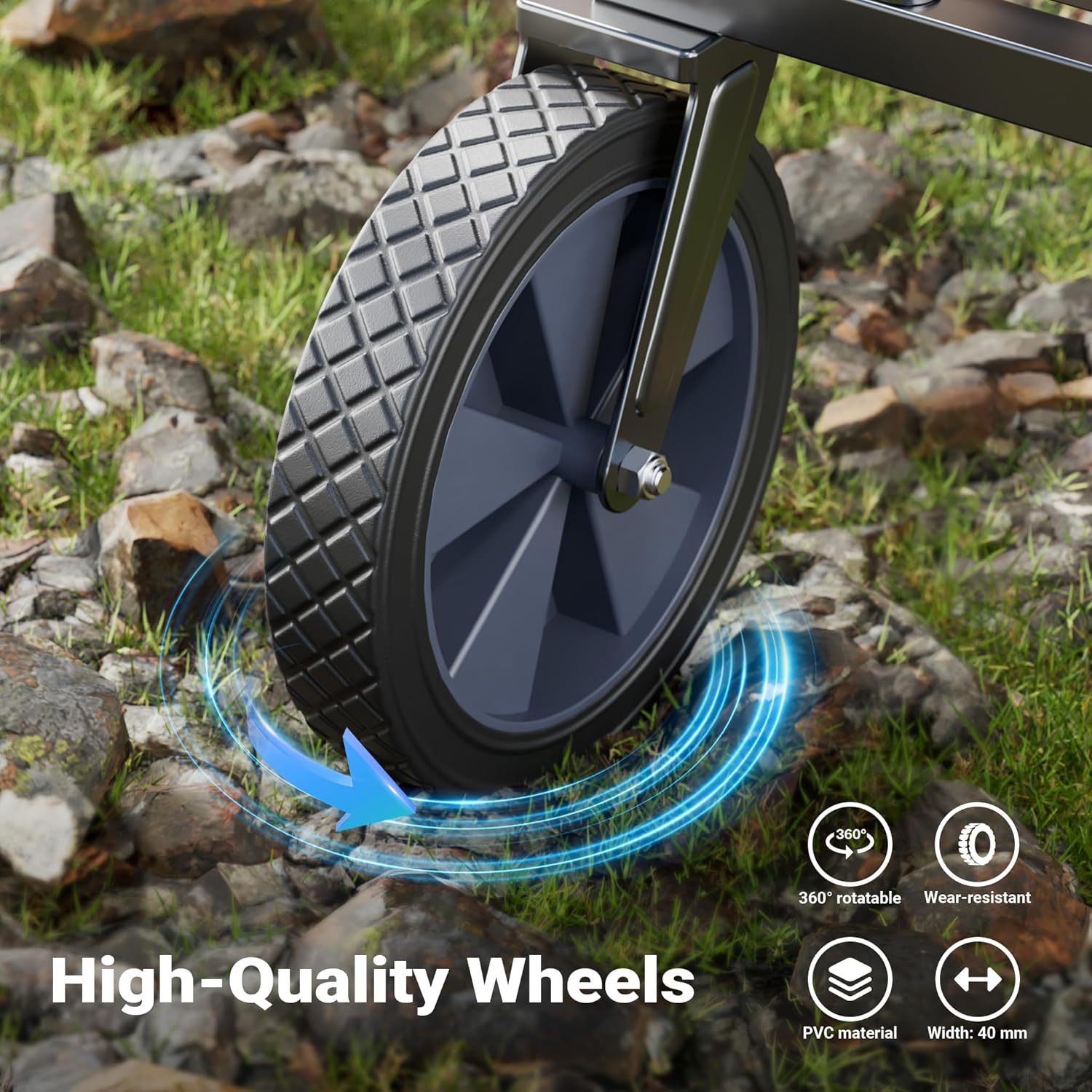 Close-up of the Toboli Handcart wheel, showing its high-quality features