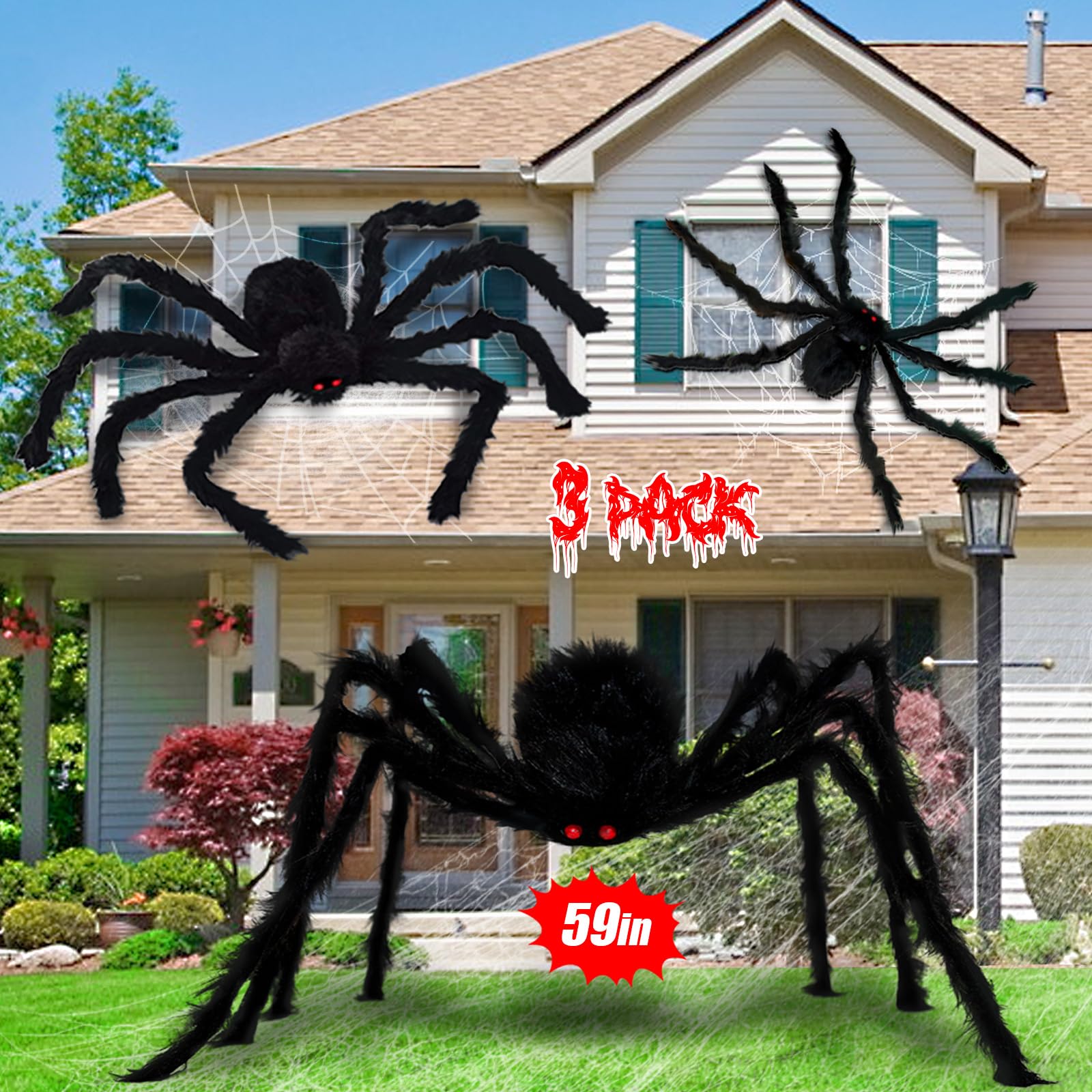 3 Pack Halloween Giant Spider Decorations, Realistic Large Spider Outside Fake Scary Hairy Spiders Sets for Indoor and Outdoor Decorations Haunted House Props Yard Party Garden Decor (59", 49", 35")