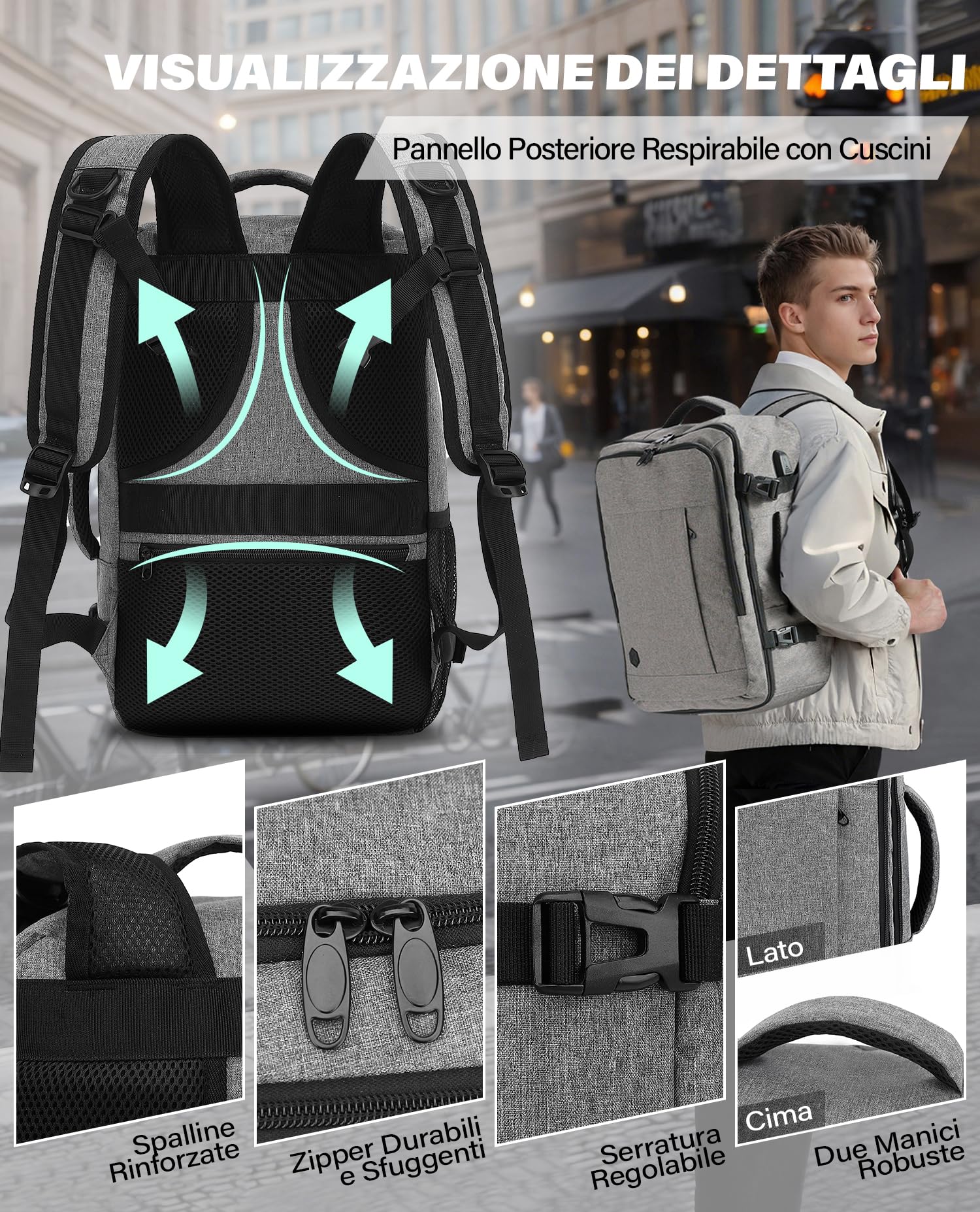 VANKEV Zaino Easyjet 45x36x20 Zaino da Viaggio Aereo Bagaglio a Mano 30L Donna Uomo per PC Portatili 15.6 Pollici per Scuola Lavoro Trekking Grigio Chiaro