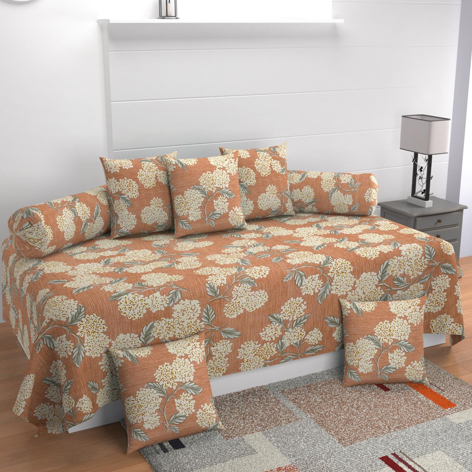 MANIQATEX Floral Diwan Set with 5 Cushions and 2 Bolsters, Peach Orange with Cream Hydrangea Print-image-16