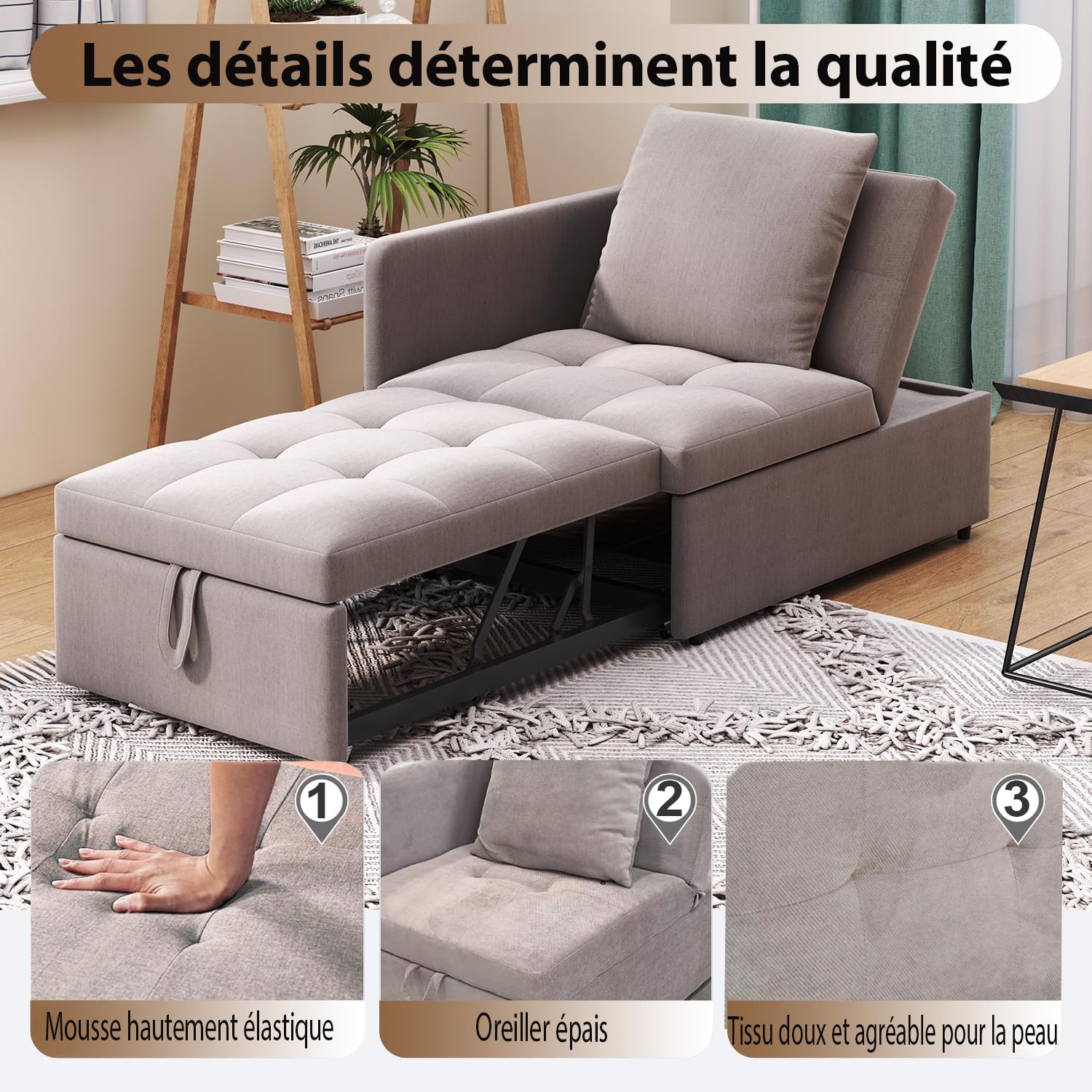 Sofá cama acolchado 3 en 1 sofá cama multifuncional de tela de lino con respaldo ajustable, sofá reclinable para espacios pequeños