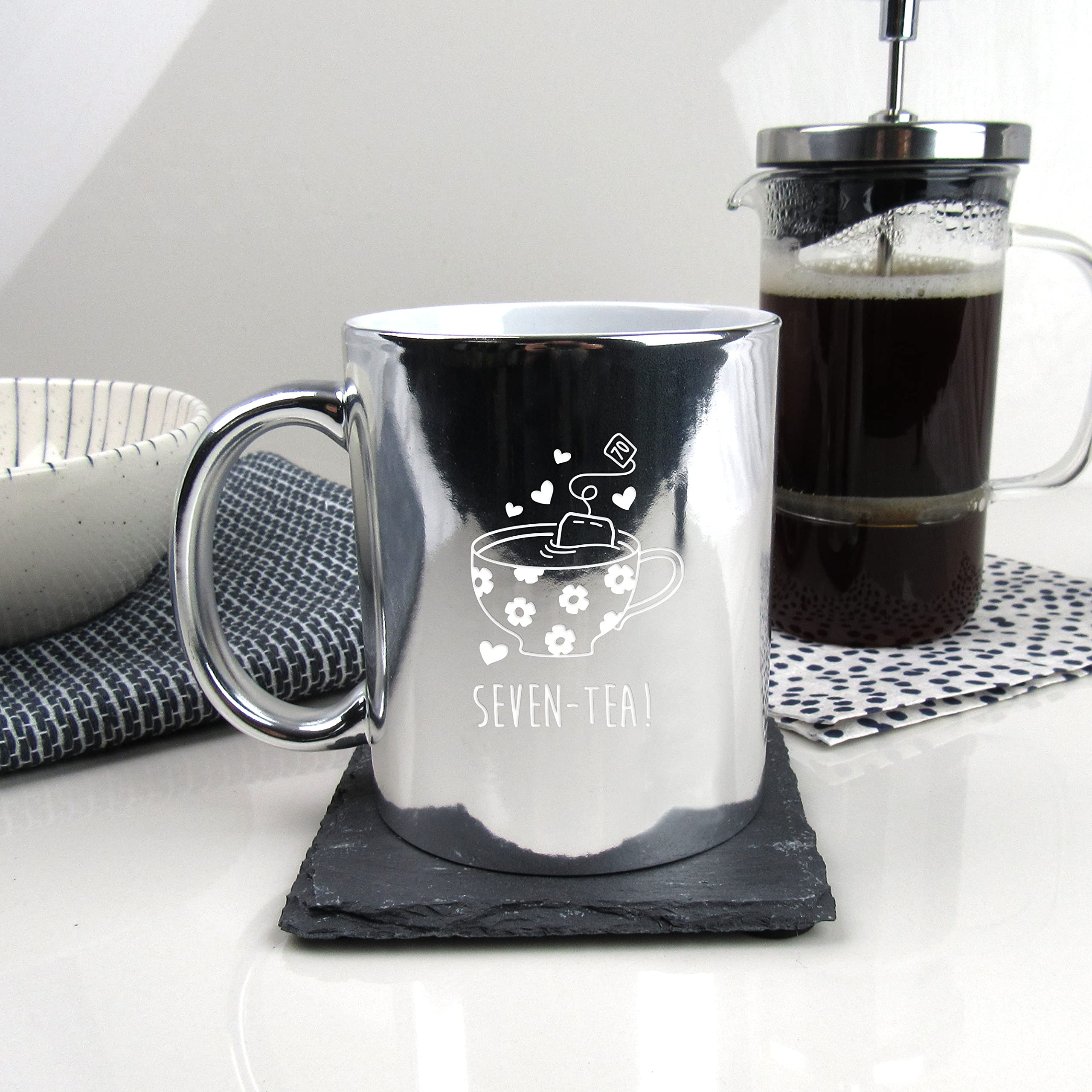 eBuyGB Engraved Metallic Shiny Silver Coffee Mug -Seven-Tea Design - 350ml Tea Cup, 70th Birthday Gifts for Women, Her - Seventieth Birthday Gift for Mum, Grandma