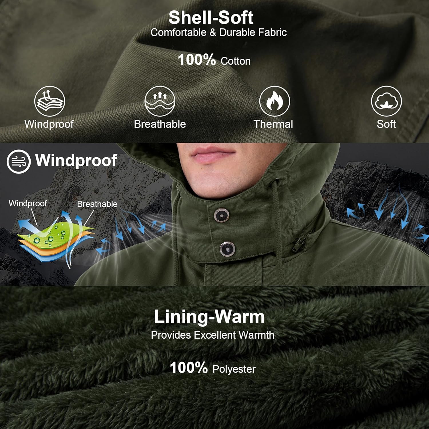 CHEXPEL Men’s Thick Winter Jackets with Hood Fleece Lining Cotton Military Jackets Work Coats with Cargo Pockets Outwear