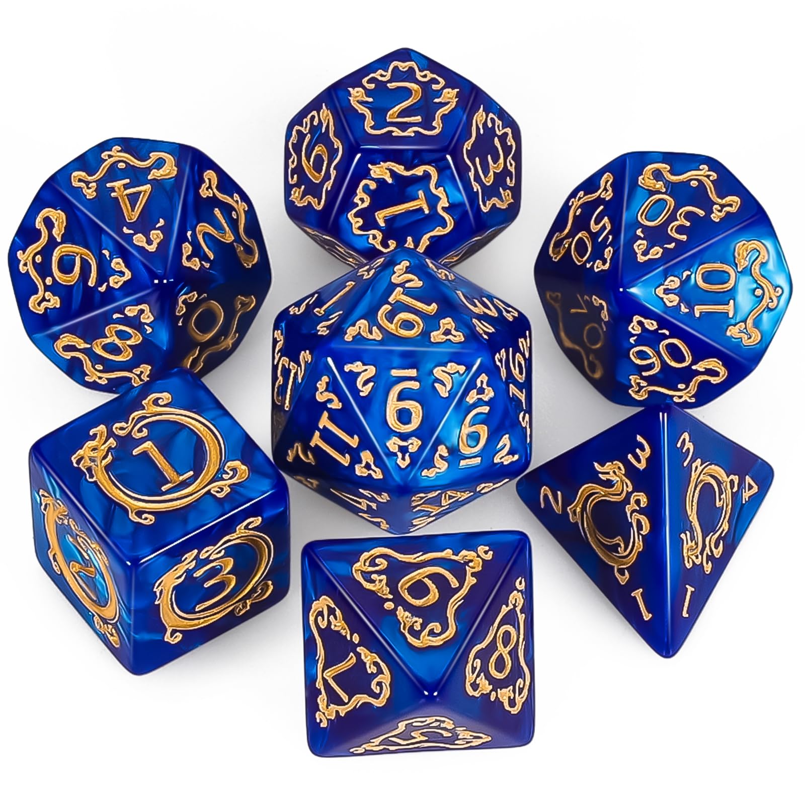 QMAY, Set di dadi poliedrici per Dungeon e Dragons MTG RPG D&D D20, D12, D10, D%, D8, D6, D4 (7 pezzi con motivo drago blu)