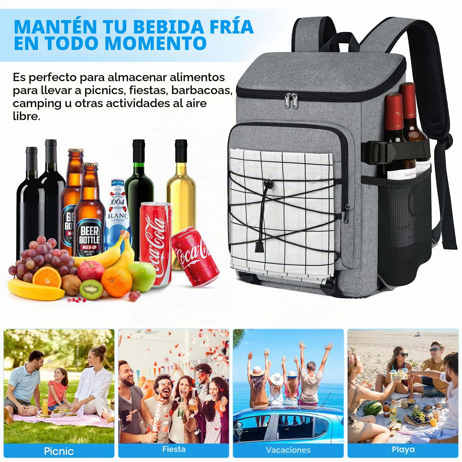 NUBILY Mochila Nevera 30L Impermeable Bolsa Termica de Refrigeración Porta Alimentos Mochila Nevera Isotermica Bolsa de Picnic Grande Fiambrera Camping Barbacoa Comidas Trekking Gris